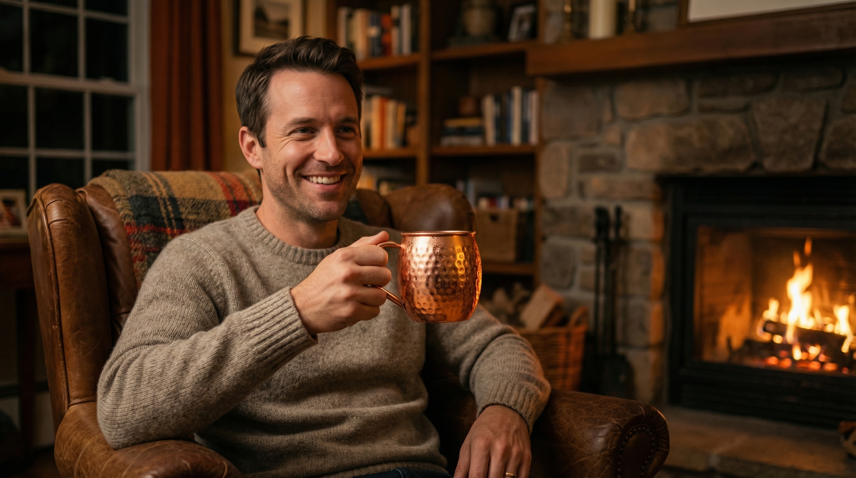 A happy, relaxed man in his 30s with a genuine smile, sitting in a dimly lit, cozy living room. He is holding a polished barrel-shaped hammered copper mug with small circular dents and a classic C-shaped curved copper handle, the mug beaded with condensation. The warm glow from a nearby fireplace reflects off the copper surface. Photorealistic, candid lifestyle photography, 8k.