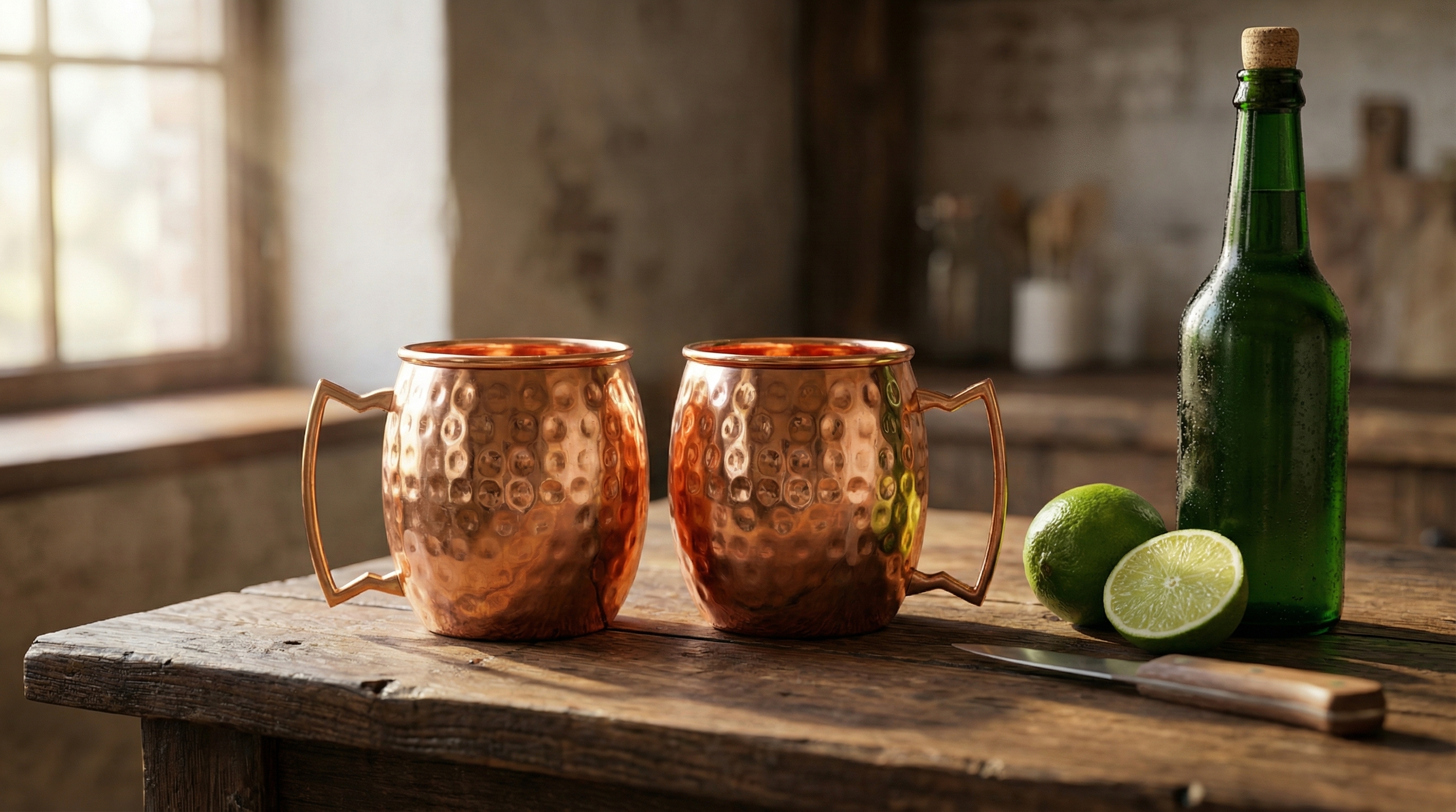 Two polished barrel-shaped hammered copper mugs with classic C-shaped copper handles sitting side-by-side on a rustic, dark wood countertop. A dark green bottle of premium ginger beer, a lime, and a knife are artfully arranged nearby. Soft, warm light streams in from a window, creating long shadows and highlighting the texture of the hammered copper. Minimalist, editorial product photography, no branding visible.
