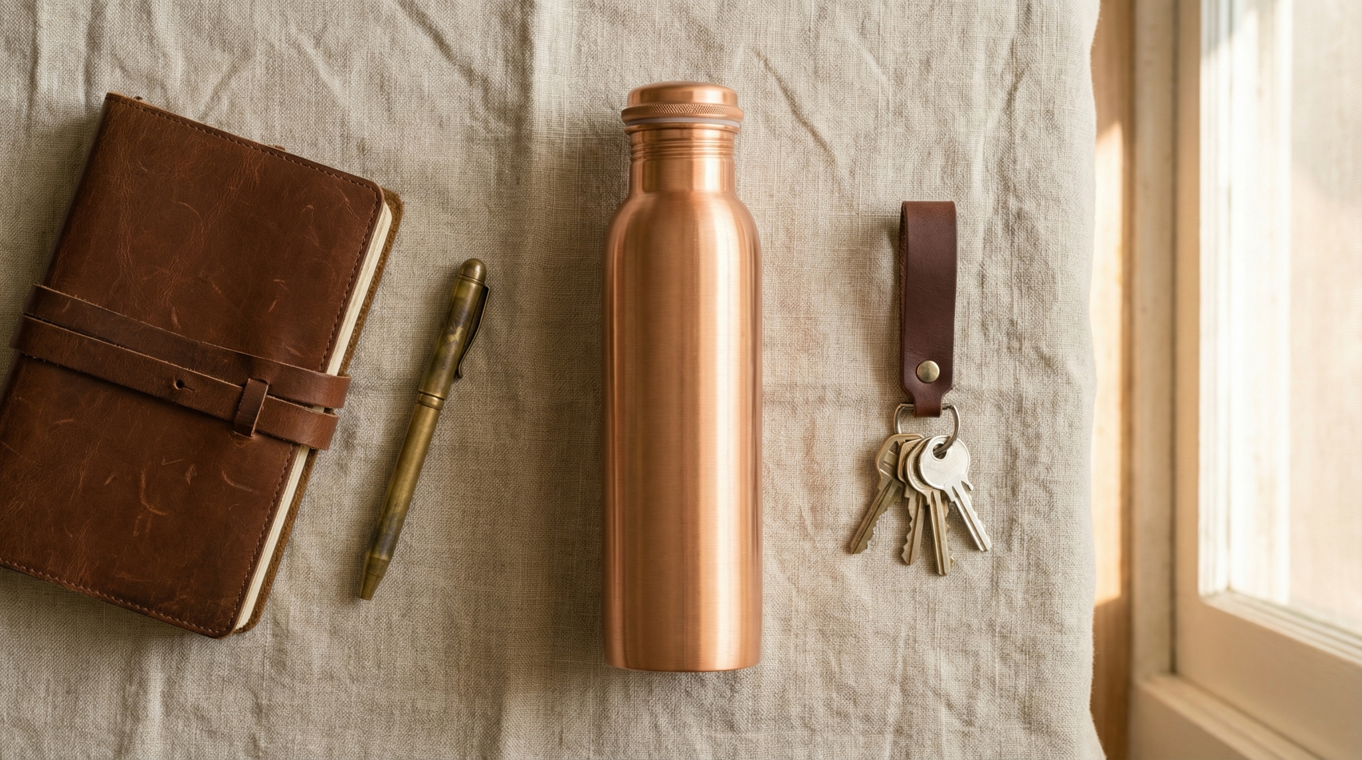 A flat lay of everyday carry objects on a natural linen surface. In the center is a smooth pure copper water bottle with a vertically brushed satin finish. Around it are arranged a worn leather-bound notebook, a vintage brass pen, and a simple set of keys on a leather fob. The scene is illuminated by warm, soft natural light from a nearby window, creating a minimal and considered atmosphere. The style is editorial lifestyle photography.