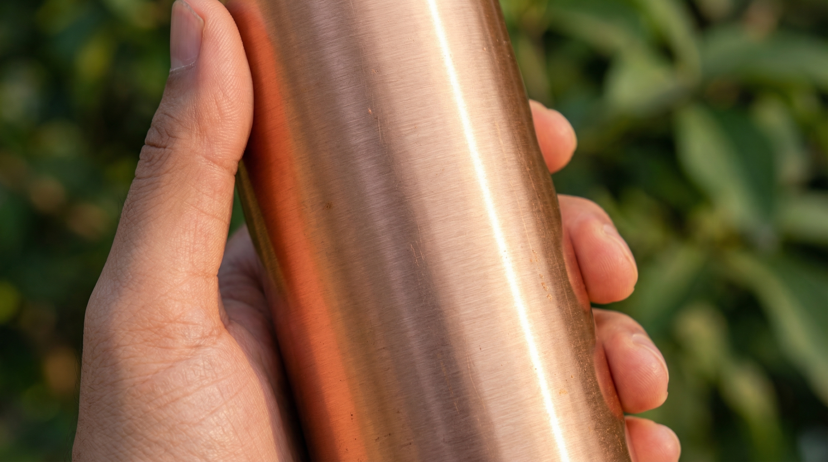Close-up detail shot of a smooth pure copper water bottle's surface, showing the beginnings of a natural, subtle patina and the fine brushed texture of the metal. The bottle is held loosely in a person's hand, outdoors against a softly blurred background of green foliage. The scene is bathed in the warm, ambient light of a late afternoon, with a shallow depth of field that focuses intensely on the copper's unique character. Photorealistic, editorial style.