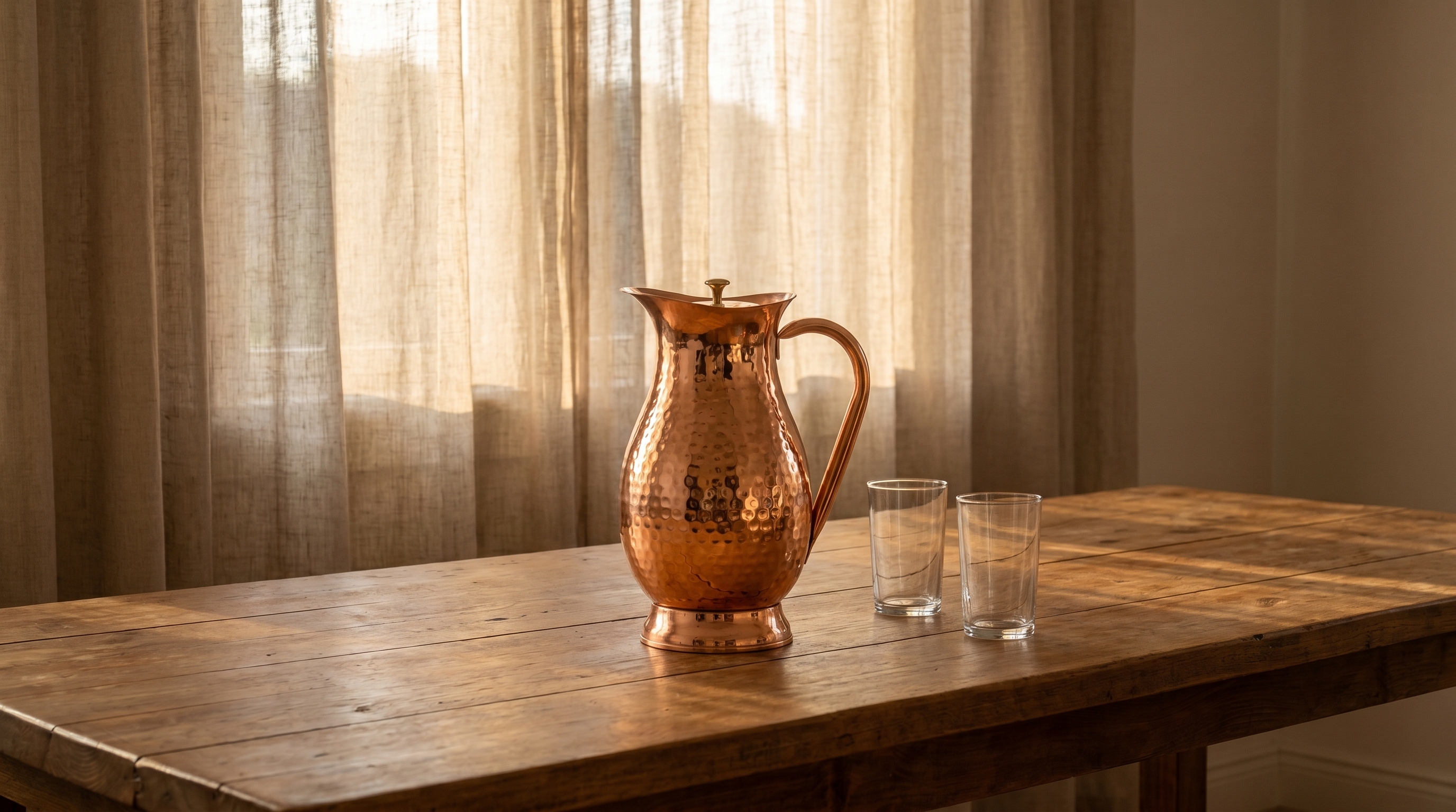 Wide shot of a simply set long wooden dining table, afternoon light slanting through linen curtains. At the center is a highly polished hammered copper water jug with a flowing D-shaped pure copper handle and a footed pedestal base. Next to it are two empty glasses. The scene is quiet and still, evoking the moment before a meal begins. No food, no clutter, just natural textures, neutral ceramics, and the warm glow of copper. Photorealistic, magazine editorial quality, 8k.