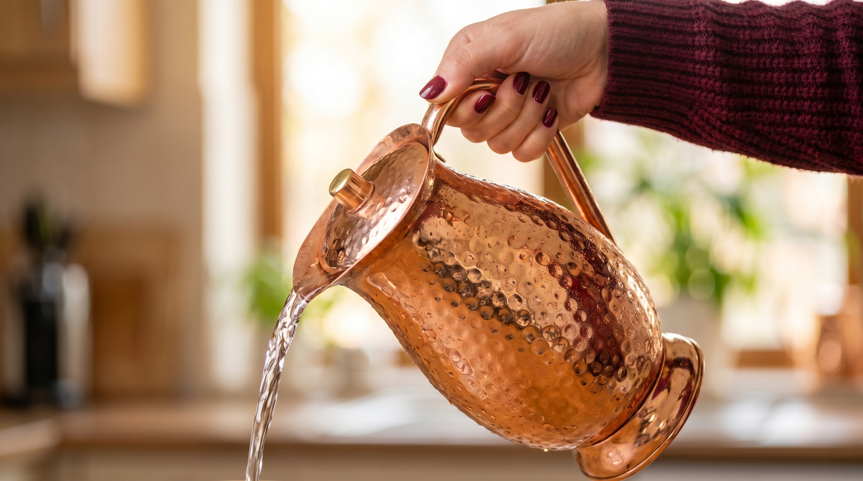 Close-up, detailed shot of a happy caucasian woman's manicured hand with a burgundy red sweater sleeve pouring water from a highly polished hammered copper water jug with a footed pedestal base. Condensation is forming on the jug's exterior, highlighting its coldness. The background is soft and out of focus, emphasizing the action of pouring. Candid lifestyle photography, shallow depth of field, warm natural light, 8k.