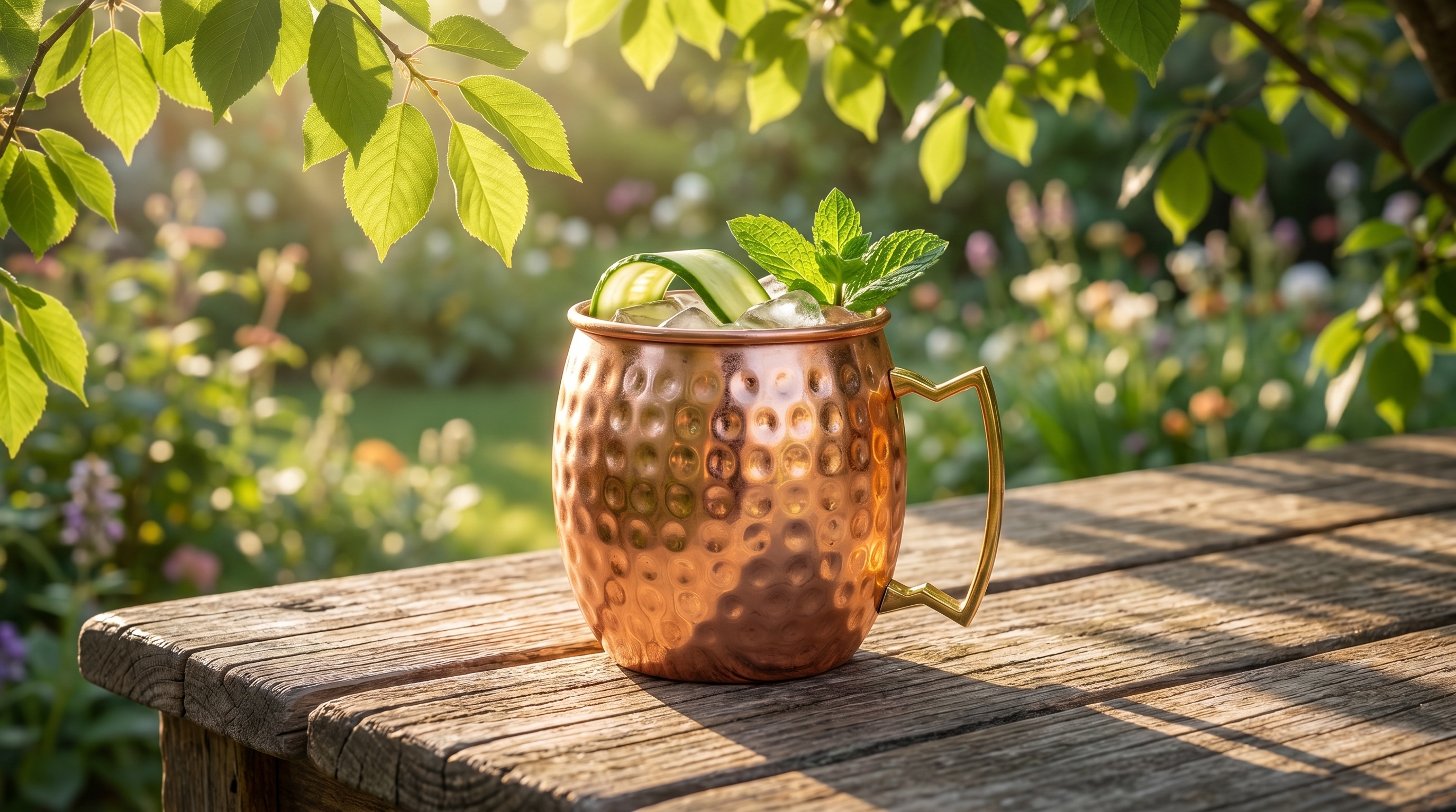 A polished hammered copper Moscow Mule mug with a distinctive angular D-shaped gold brass handle, filled with a cocktail and garnished with a long cucumber ribbon and fresh mint sprig. The mug sits on a weathered wooden outdoor table, with dappled spring sunlight filtering through an overhead canopy of new green leaves. The background is a soft-focus garden, evoking a sense of calm and renewal. Photorealistic, magazine editorial quality, 8k.