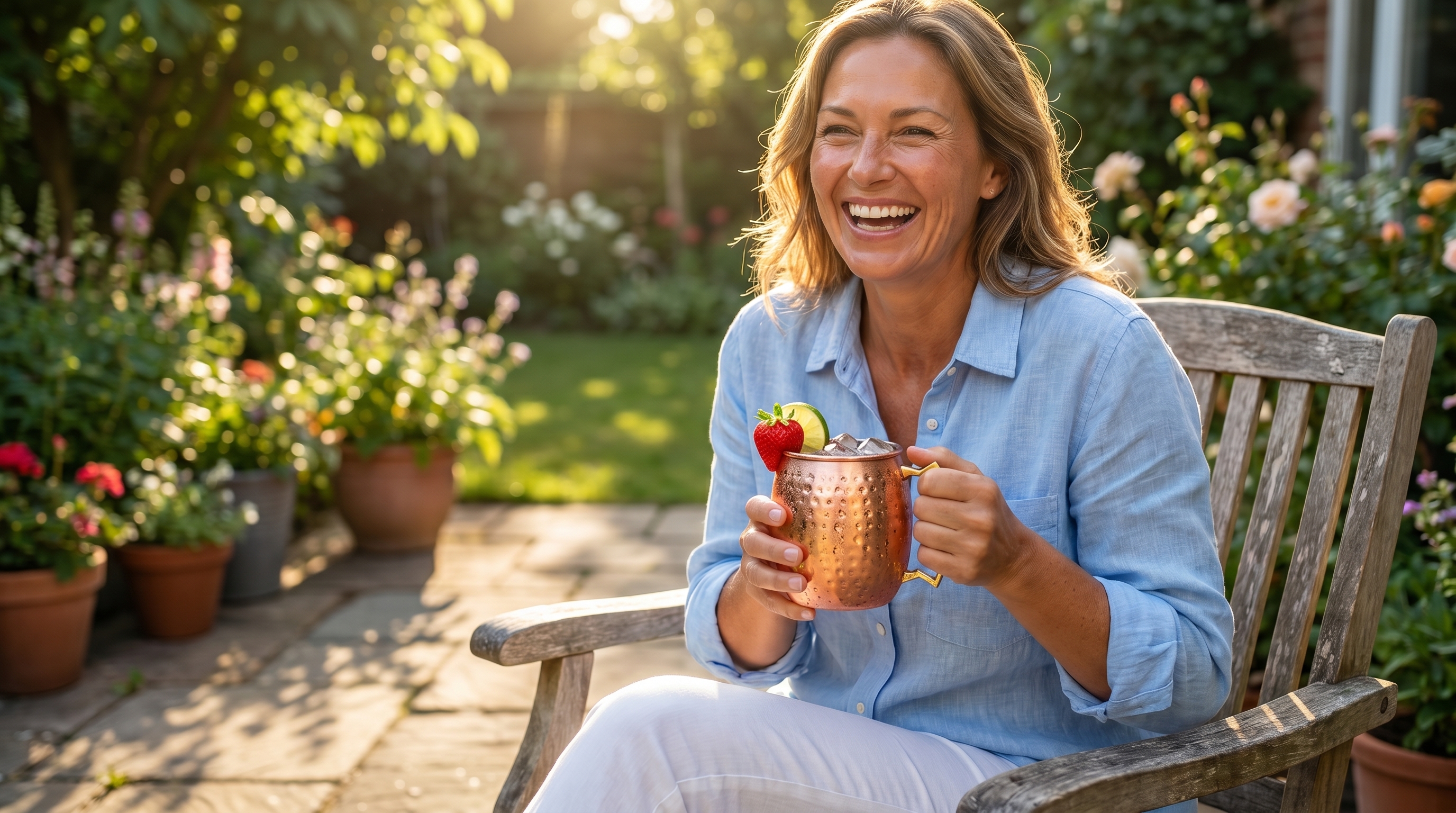 A happy, radiant woman with a genuine smile, sitting on a sun-drenched patio, holding a hammered copper Moscow Mule mug with a distinctive angular D-shaped gold brass handle. The mug is glistening with condensation and garnished with a bright red strawberry. She is dressed in light, casual spring attire, and the background shows a lush green garden. The image feels candid, authentic, and captures a moment of pure enjoyment. Photorealistic lifestyle photography, 8k.
