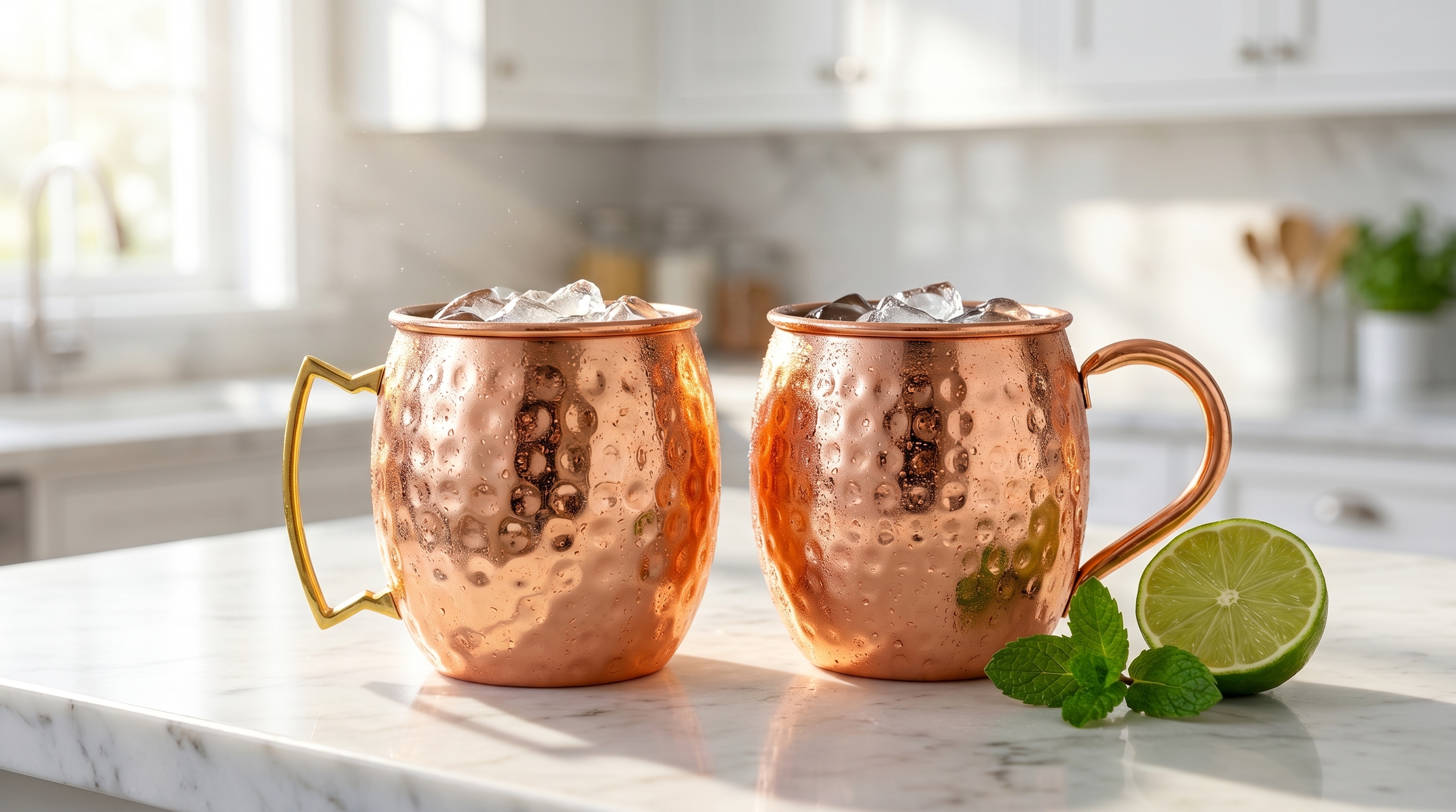 Two hammered copper Moscow Mule mugs with distinctive angular D-shaped gold brass handles sit side-by-side on a sunlit white marble kitchen counter. The mugs have condensation beading on their polished surfaces, indicating a very cold drink inside. Next to them sits a half-sliced fresh lime and a sprig of mint, suggesting drink preparation is underway. The background is bright and airy, with soft morning light streaming in. Photorealistic, minimalist lifestyle shot, 8k.