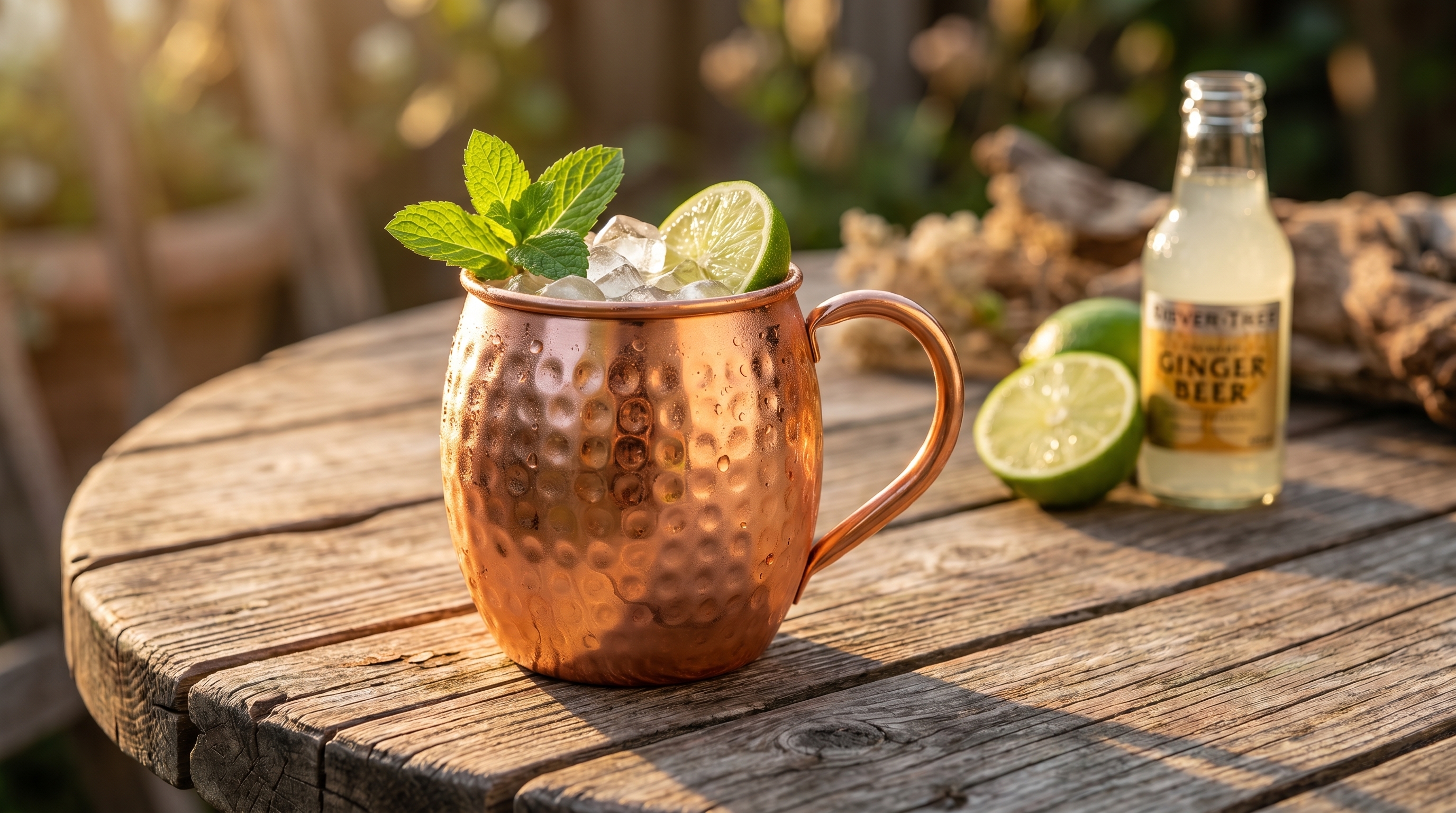 A highly polished hammered copper mug with a barrel-shaped body, filled with a Mexican Mule cocktail, ice, a lime wedge, and a sprig of mint. The mug is resting on a weathered wooden outdoor table bathed in the warm, golden light of the late afternoon sun. A halved lime and a small glass bottle of ginger beer are arranged loosely in the soft-focus background. Editorial lifestyle photography, natural and inviting, 8k.