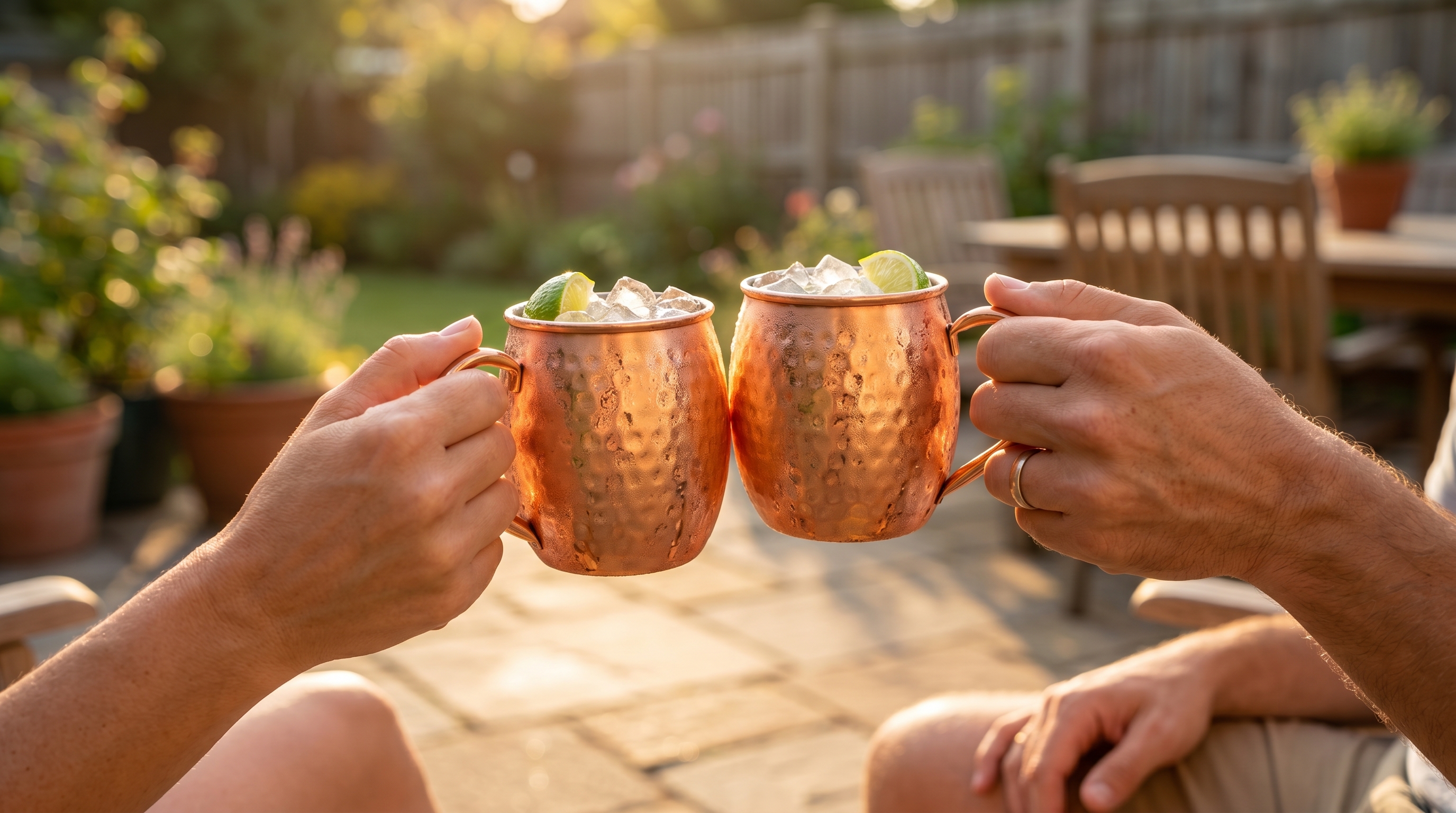 A happy, relaxed couple in their 30s, sitting on a sunlit patio. A close-up on their hands as they gently clink their hammered copper mugs together in a celebratory 'cheers'. The mugs are glistening with condensation, filled with ice and lime. The background is a soft-focus garden, and the warm, golden hour light creates a mood of intimacy and shared joy. Photorealistic, candid lifestyle photography, 8k.