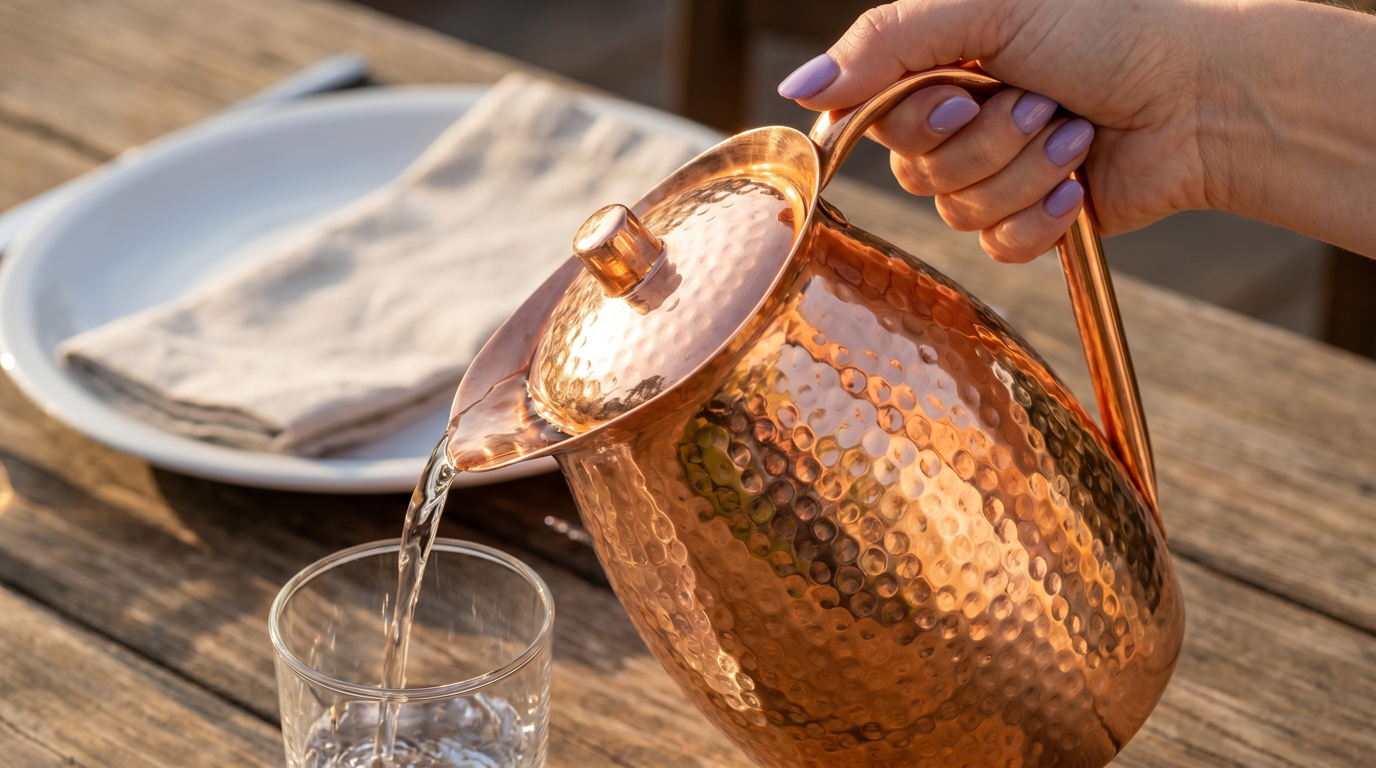 A close-up of a caucasian hand with lavender manicured nails pouring water from a highly polished, hammered pure copper water pitcher into a clear glass. The table is set for a sunlit lunch, with soft background blur showing a white plate and linen napkin. The gesture is unhurried and attentive, capturing a moment of care. Photorealistic, warm afternoon light, candid lifestyle photography, 8k