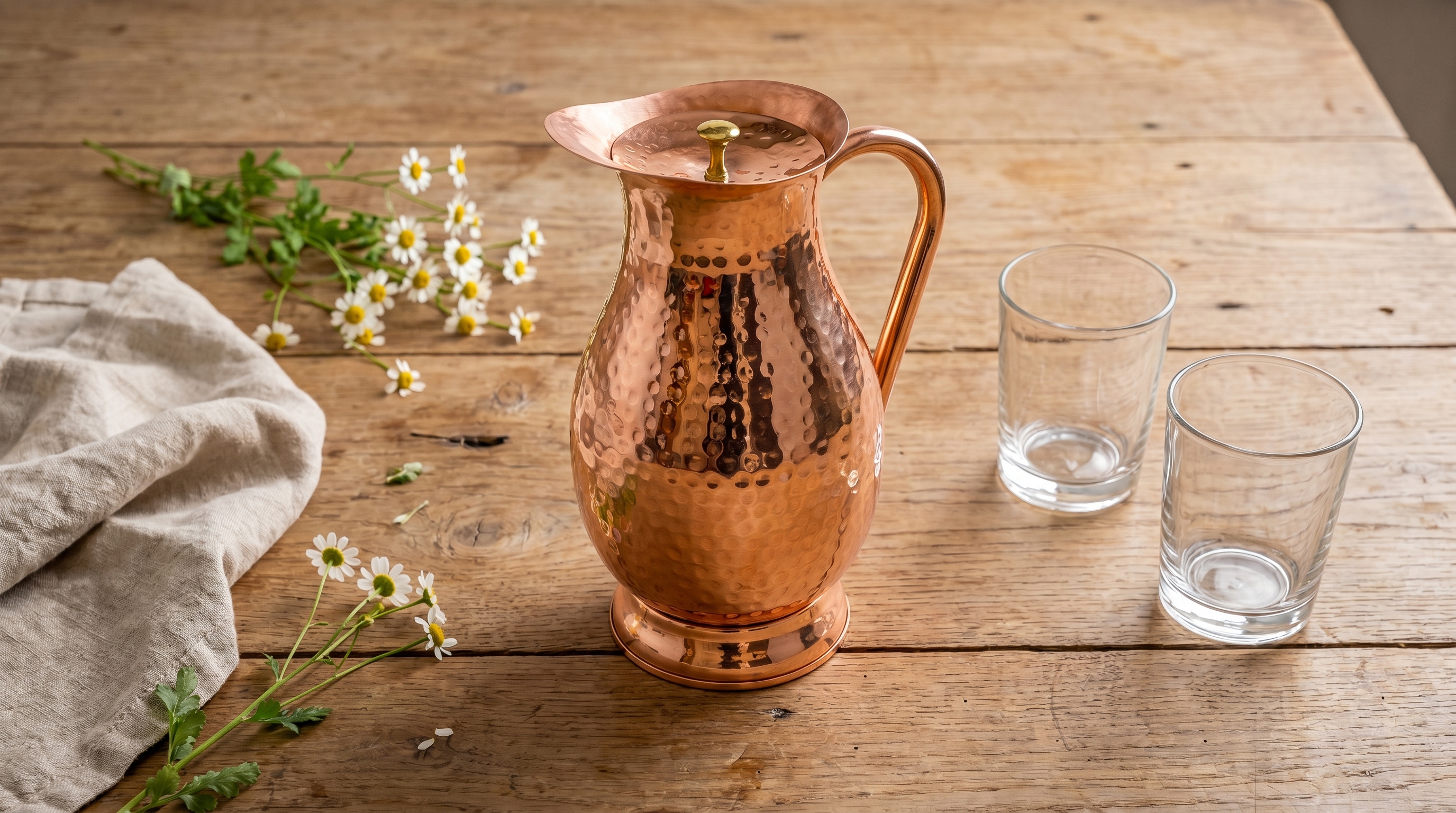 A relaxed overhead shot of a simply dressed table. In the center is a highly polished, hammered pure copper water pitcher. Next to it are two clear glasses, a folded beige linen cloth, and a few stems of white chamomile flowers laid loosely on the wooden table surface. The scene is minimal, warm-toned, and feels genuinely lived-in rather than professionally styled. Natural, soft light, photorealistic, 8k.