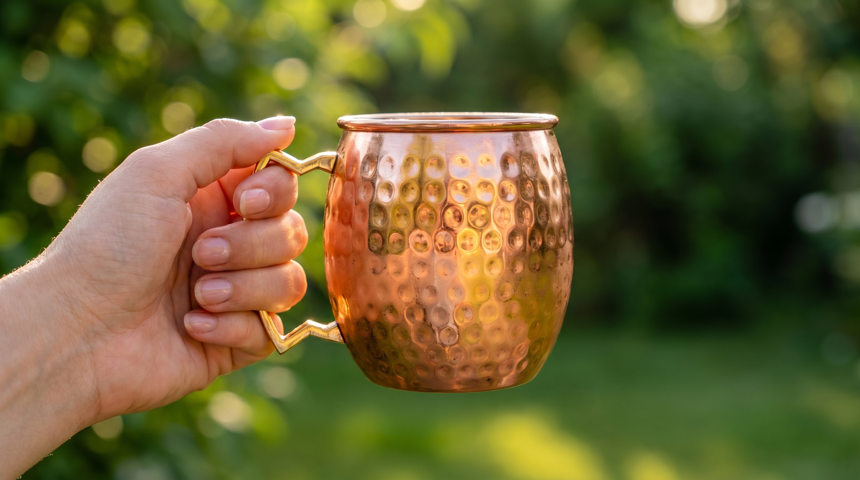 Close-up shot focusing on a highly polished, barrel-shaped hammered copper mug with a C-shaped copper handle, held loosely in a woman's relaxed hand. The background is a beautifully blurred green garden, suggesting an outdoor setting. Late afternoon golden light catches the copper surface, highlighting its warm tones and texture. The mood is calm and serene. Photorealistic, shallow depth of field, authentic lifestyle photography, 8k.