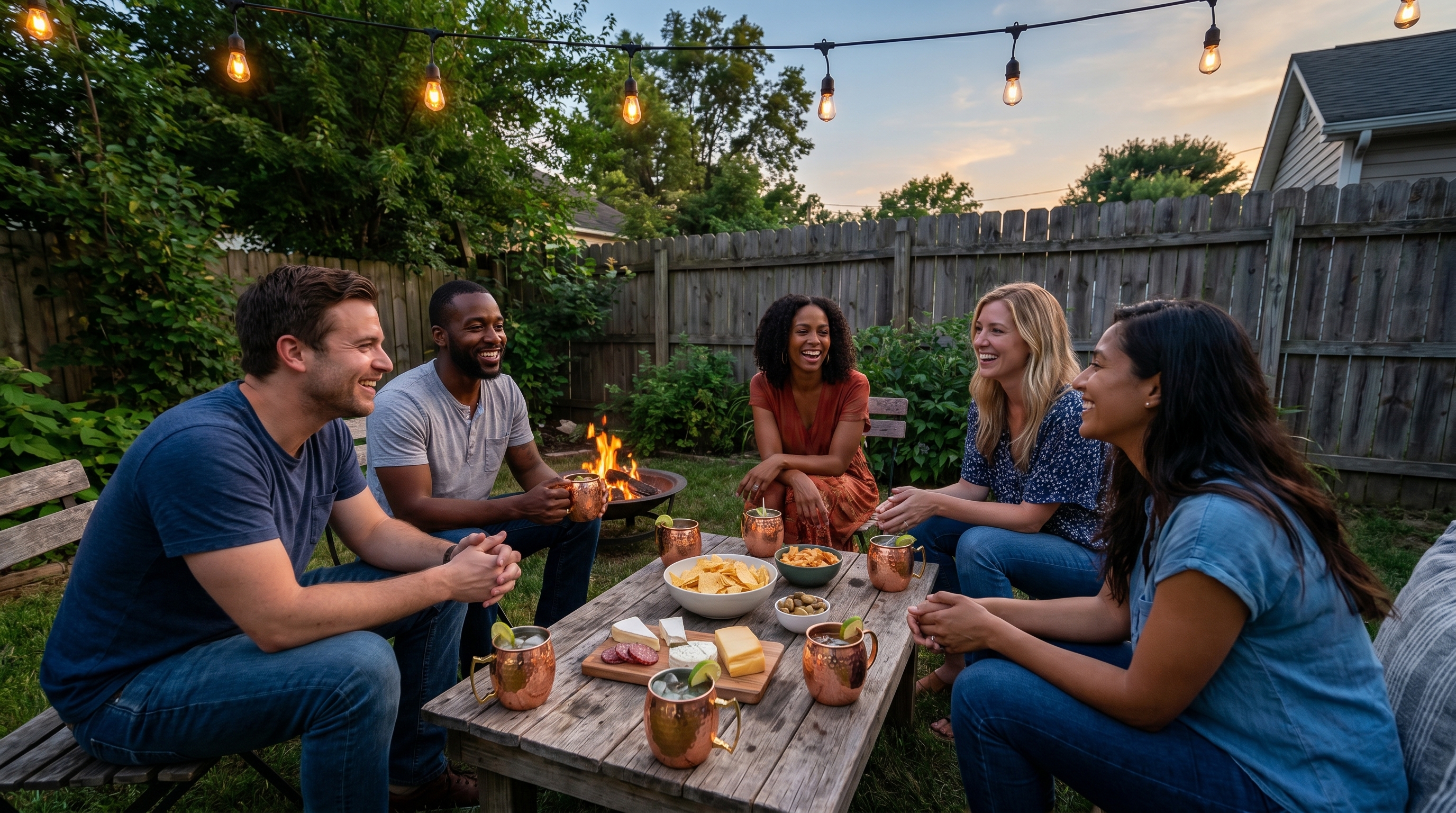 Wide shot of a simple backyard gathering at dusk. A diverse group of five or six American friends in their 30s are seated comfortably around a low wooden table. Soft, warm string lights begin to glow above them. Several highly polished, barrel-shaped hammered copper mugs are visible on the table among other casual items. The people have relaxed postures, implying easy, authentic conversation. The overall atmosphere is warm, atmospheric, and unstaged. Evening palette with a cinematic feel, photorealistic, 8k.