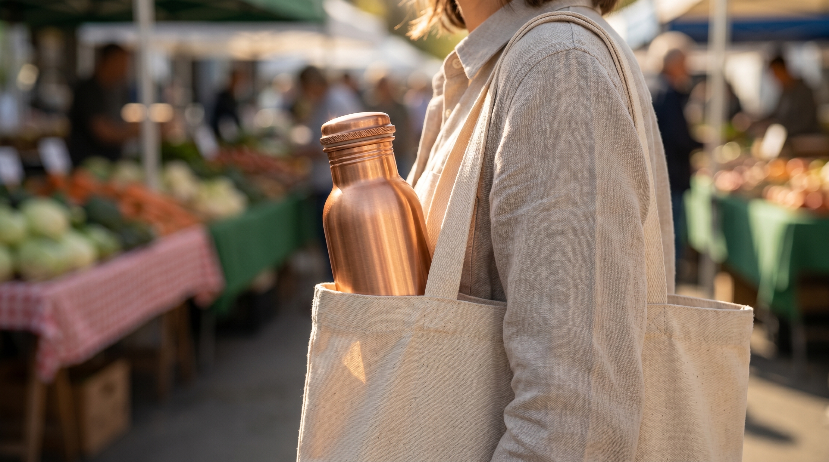 A smooth brushed pure copper water bottle with a gently tapered shoulder and a screw-on copper cap with a knurled edge, tucked into an open canvas tote bag hanging from a woman's shoulder. Captured from a side angle, with an outdoor farmers market softly blurred in the background. The woman wears a simple linen shirt, and warm, natural spring sunlight illuminates the scene. The focus is on the rich, warm tones of the copper bottle against the neutral canvas. Editorial lifestyle photography, unhurried mood, photorealistic, 8k.