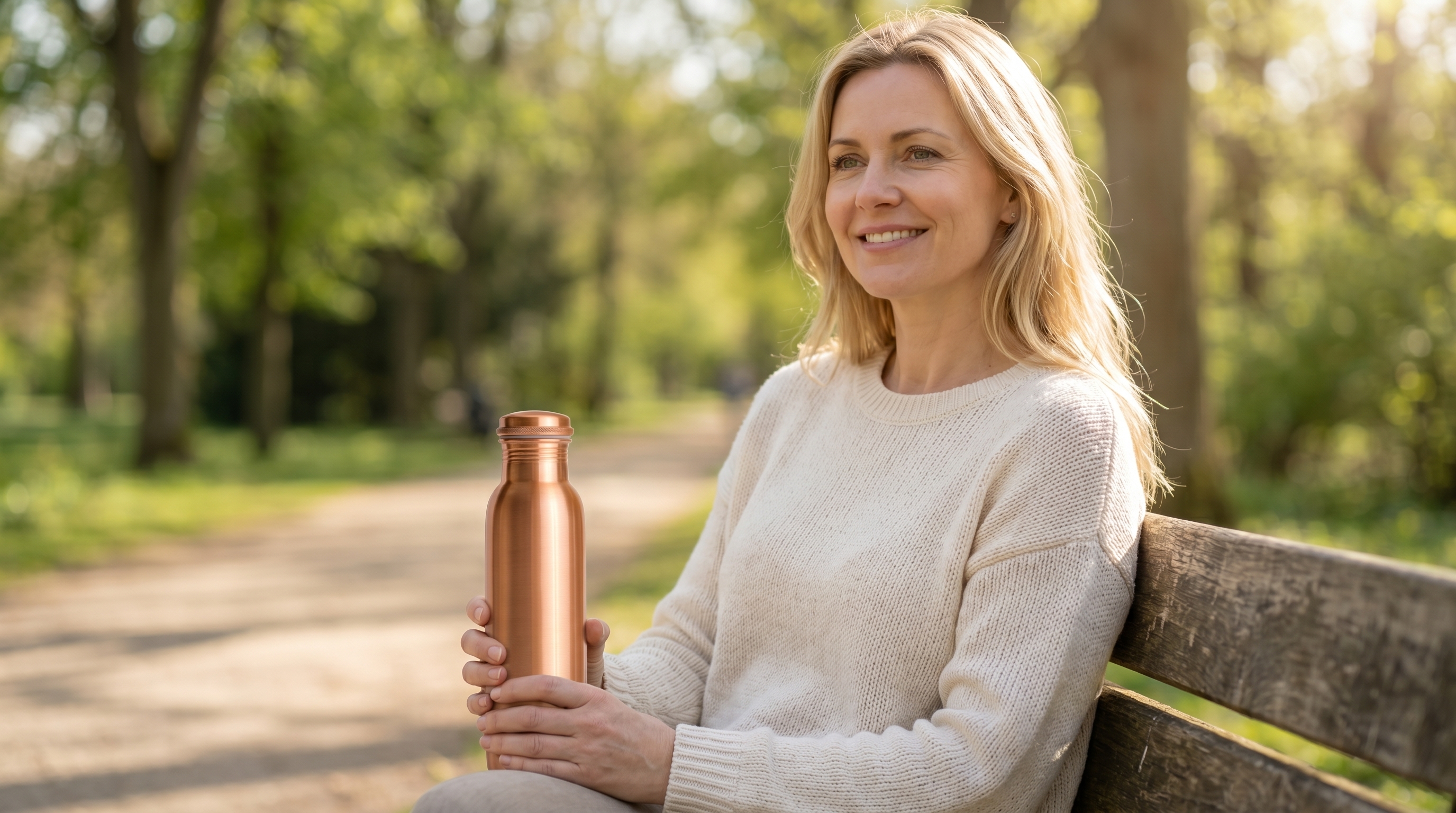 A happy blonde-haired caucasian woman in her 40s sitting on a weathered wooden park bench, smiling softly at something off-camera. She holds a smooth brushed pure copper water bottle with a gently tapered shoulder and a screw-on copper cap with a knurled edge with both hands resting in her lap. She is dressed in a casual but elegant cream-colored sweater. The spring setting is idyllic, with green trees and a sun-dappled path softly blurred behind her. Warm, natural afternoon light creates a serene and authentic atmosphere. Photorealistic, candid lifestyle photography, 8k.