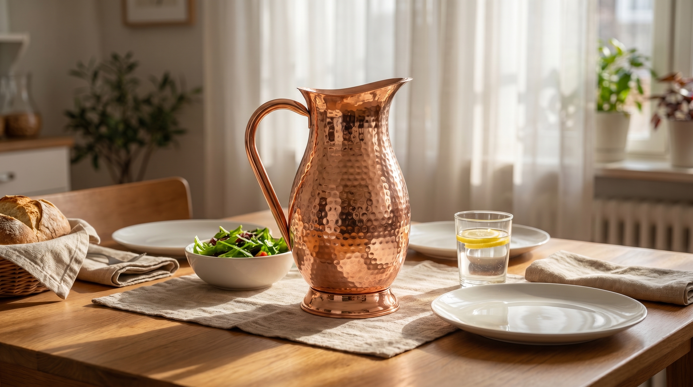 A simple indoor table set for a quiet lunch, bathed in the soft, diffused light of an early summer afternoon coming through sheer curtains. The large hammered copper water pitcher with a flowing D-shaped solid copper handle, barrel-shaped body with small dense hammered dents, footed base, polished rose-gold copper finish is the centerpiece among simple ceramic plates and linen napkins, creating a lived-in and calm atmosphere.
