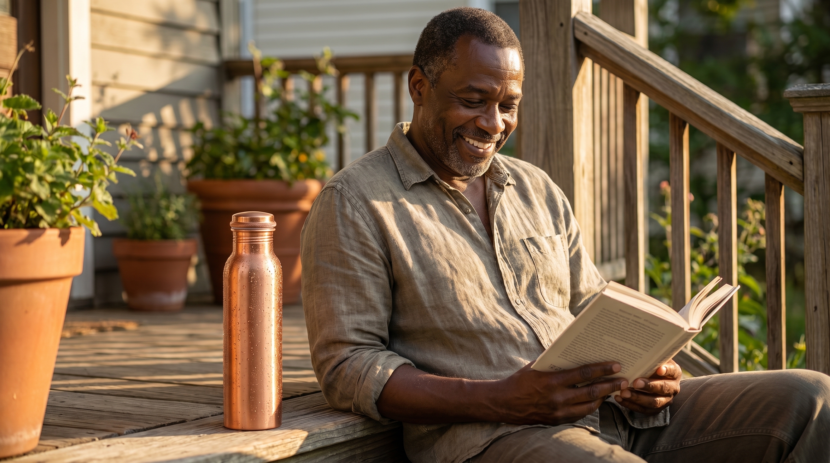 A happy, relaxed Black man in his 40s, sitting on a sun-drenched wooden porch step and reading a book, genuinely smiling to himself. A tall cylindrical pure copper water bottle with a horizontal brushed satin finish and a screw-top lid, warm rose gold color rests on the step beside him, dewy with condensation. The scene feels candid and unhurried. Photorealistic, lifestyle photography, 8k.