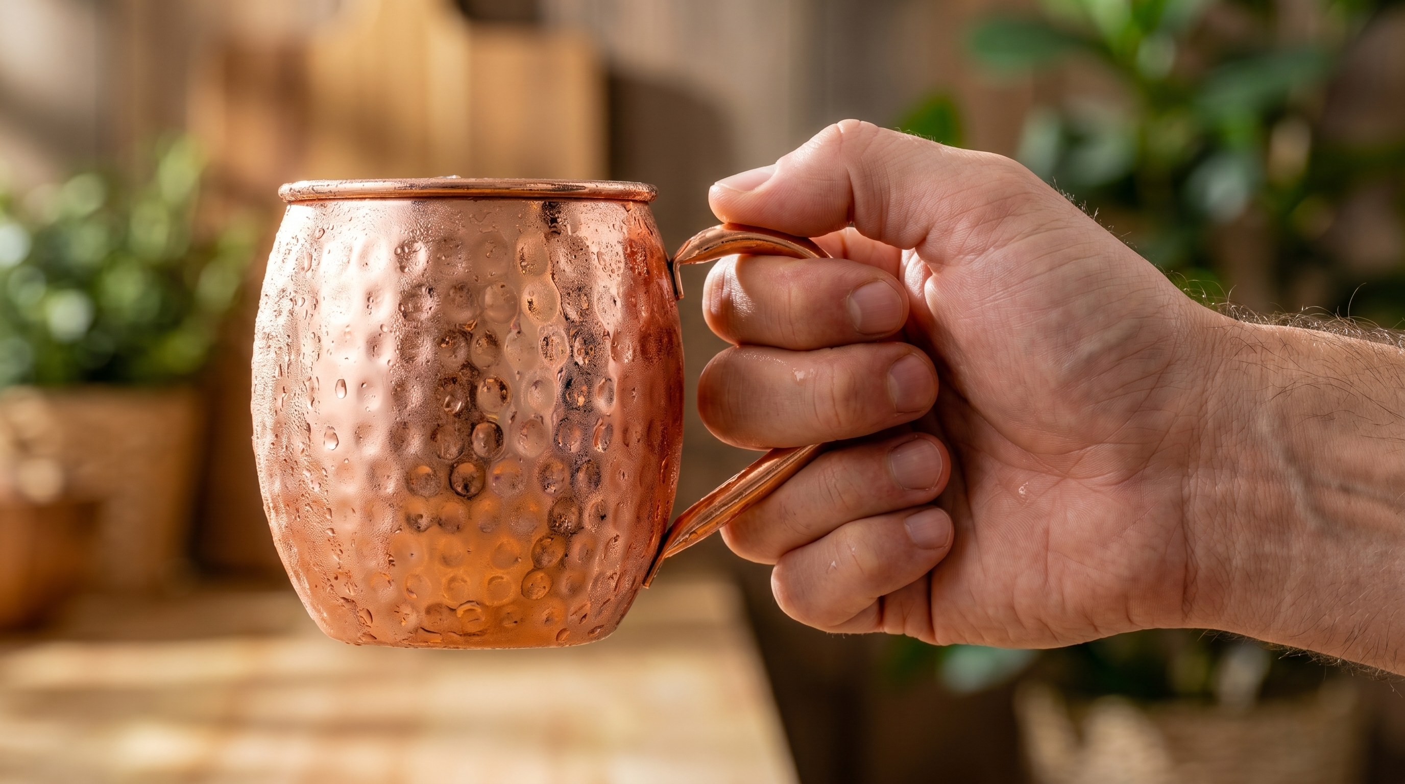 A quiet, atmospheric close-up of a masculine, caucasian hand with a relaxed grip holding a frosty, condensation-covered copper mug. The mug is a barrel-shaped Moscow Mule mug made of highly polished, hammered pure copper with small, uniform dents and a matching welded, curved C-shaped solid copper handle, in a vibrant rose-gold copper color. The background is softly blurred, suggesting a warm, sunlit kitchen or patio. The focus is on the texture of the copper and the chill of the drink. Natural light, editorial photography style, photorealistic, 8k.