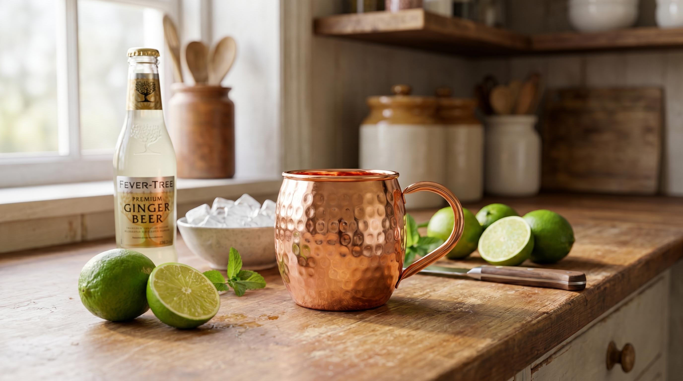 A simple, lived-in kitchen counter scene with ingredients for a Moscow Mule loosely arranged. A bottle of premium ginger beer, a couple of fresh limes (one halved), and a small bowl of ice cubes are visible. Prominently featured is a single, empty barrel-shaped Moscow Mule mug made of highly polished, hammered pure copper with small, uniform dents and a matching welded handle. The setting is unfussy, with soft, natural window light. The mood is calm and preparatory. Photorealistic, warm editorial tone, 8k.