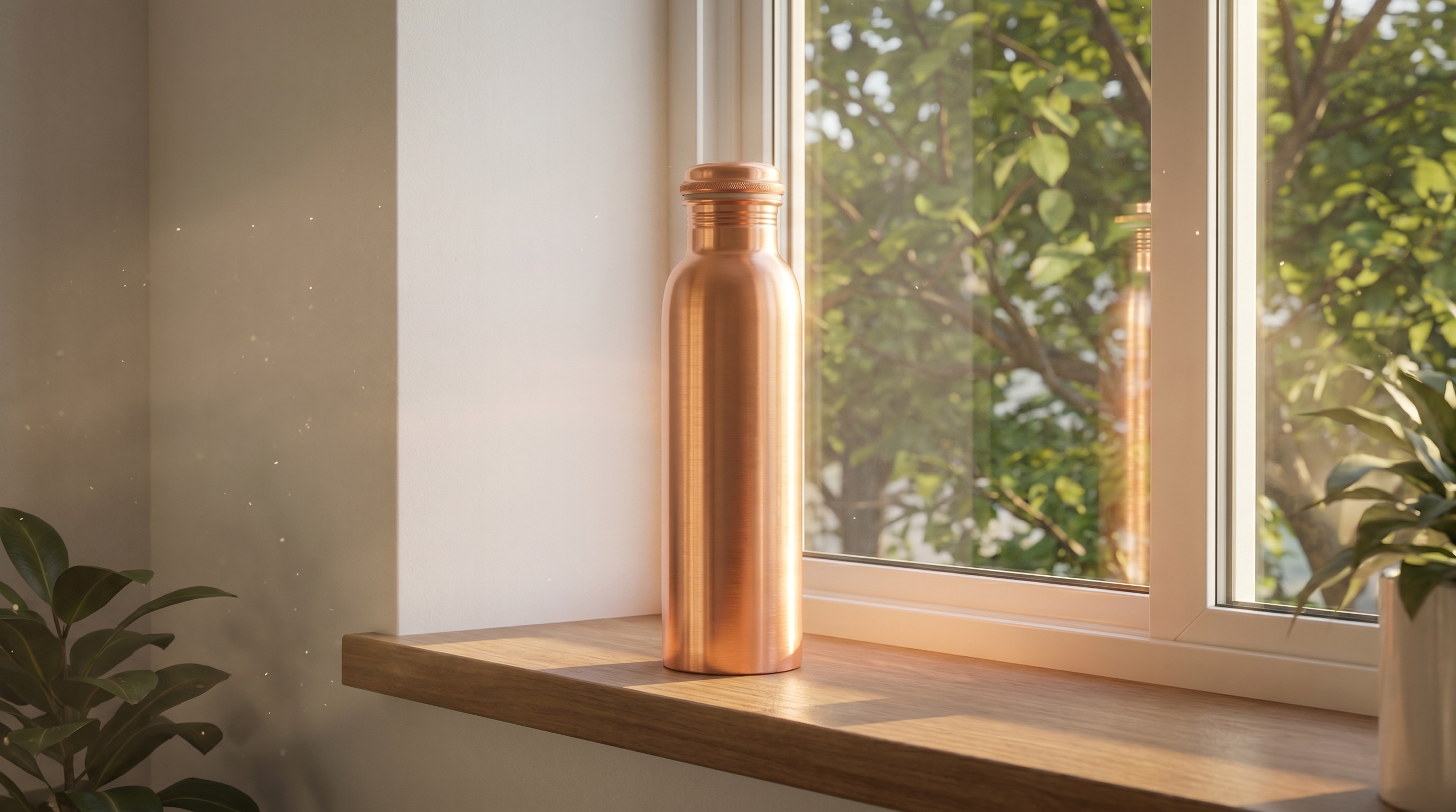 A smooth pure copper water bottle with a polished brushed rose-gold copper finish sits on the windowsill of a minimalist dorm room. Soft, early morning light streams through the window, illuminating dust motes in the air and casting a warm glow on the bottle. Outside the window, the view is of green campus trees. The scene is calm, uncluttered, and full of quiet potential.