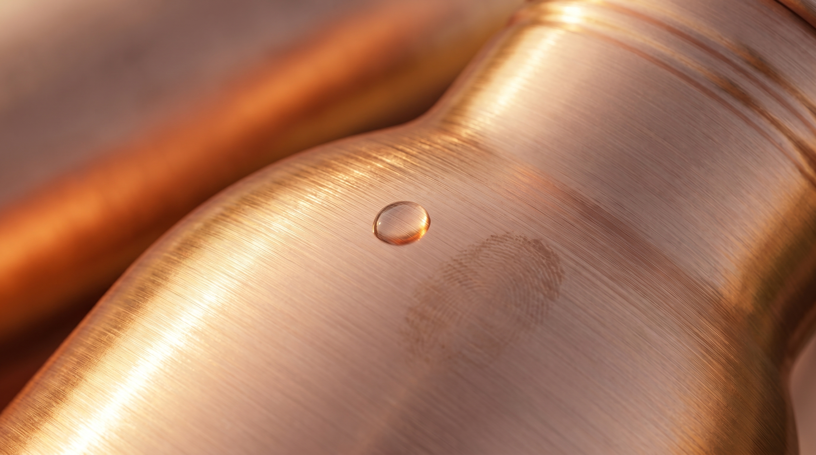 An extreme close-up macro shot of the curved shoulder of a smooth pure copper water bottle. Warm, golden hour light catches the fine, horizontal brushed texture of the metal, highlighting its warm rose-gold hue. A single, subtle fingerprint or water droplet adds a touch of realism and personality. The background is softly blurred, emphasizing the material's tactile quality. Photorealistic, minimalist, 8k.