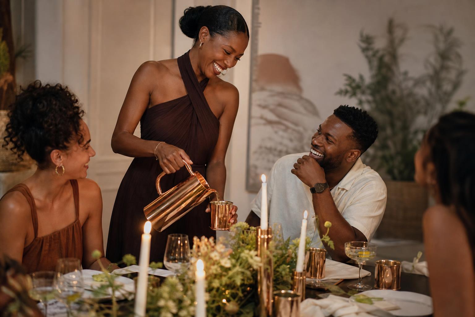 A happy Black woman in her early 30s, genuinely laughing as she pours a chilled citrus-and-herb signature drink for seated dinner guests, with a smooth pure copper entertaining set with a tall polished pitcher featuring a substantial angular D-shaped copper handle with broad flush attachment points, matching handleless cylindrical cups and a compact shot glass, clean gently rolled rims, flat unfooted bases, and a reflective rose-gold classic copper finish clearly visible on the table, intimate newlywed dining room with linen napkins, candlelight, greenery and relaxed friends, authentic unstaged interaction, warm natural skin tones, photorealistic, candid luxury lifestyle photography, magazine editorial quality, 8k