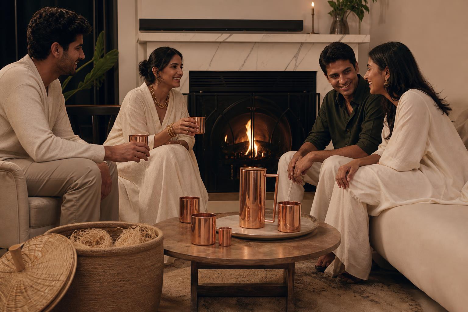 An intimate post-dinner fireside scene in an elegant newlywed home, a relaxed South Asian couple in their early 30s seated with two friends near a safely screened fireplace, one person holding a polished copper cup while natural wood wool fire starters rest neatly in a lidded basket at a safe distance from the hearth, a smooth pure copper entertaining set with a tall polished pitcher featuring a substantial angular D-shaped copper handle with broad flush attachment points, matching handleless cylindrical cups and a compact shot glass, clean gently rolled rims, flat unfooted bases, and a reflective rose-gold classic copper finish visible on a low wood table, linen textiles, gentle firelight, genuine conversation, warm aspirational Moscow Mix lifestyle, photorealistic editorial interior photography, 8k