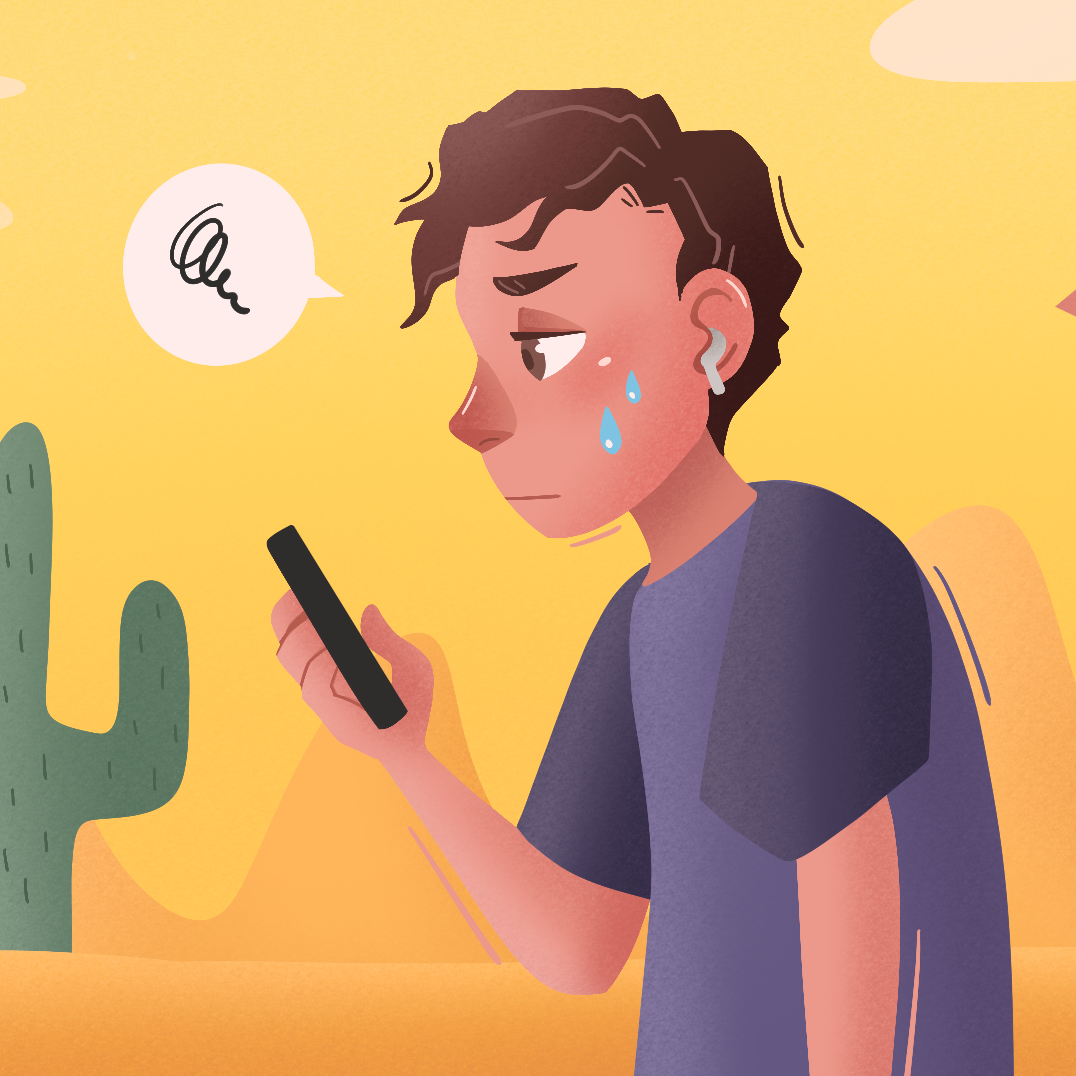 Illustration of a guy looking at his phone in frustration.