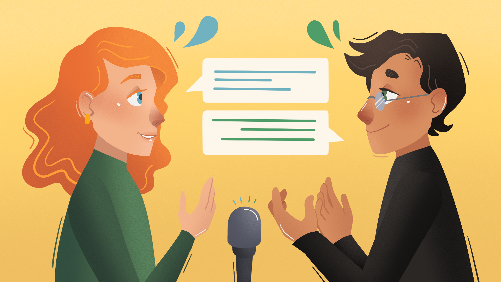 An animated man and woman talking to each other over a microphone.