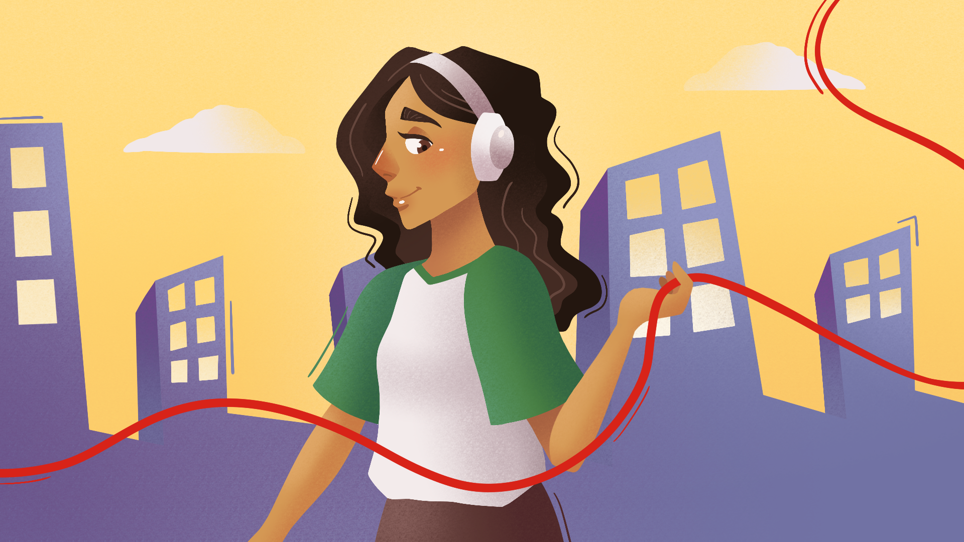 An animated woman wearing headphones.