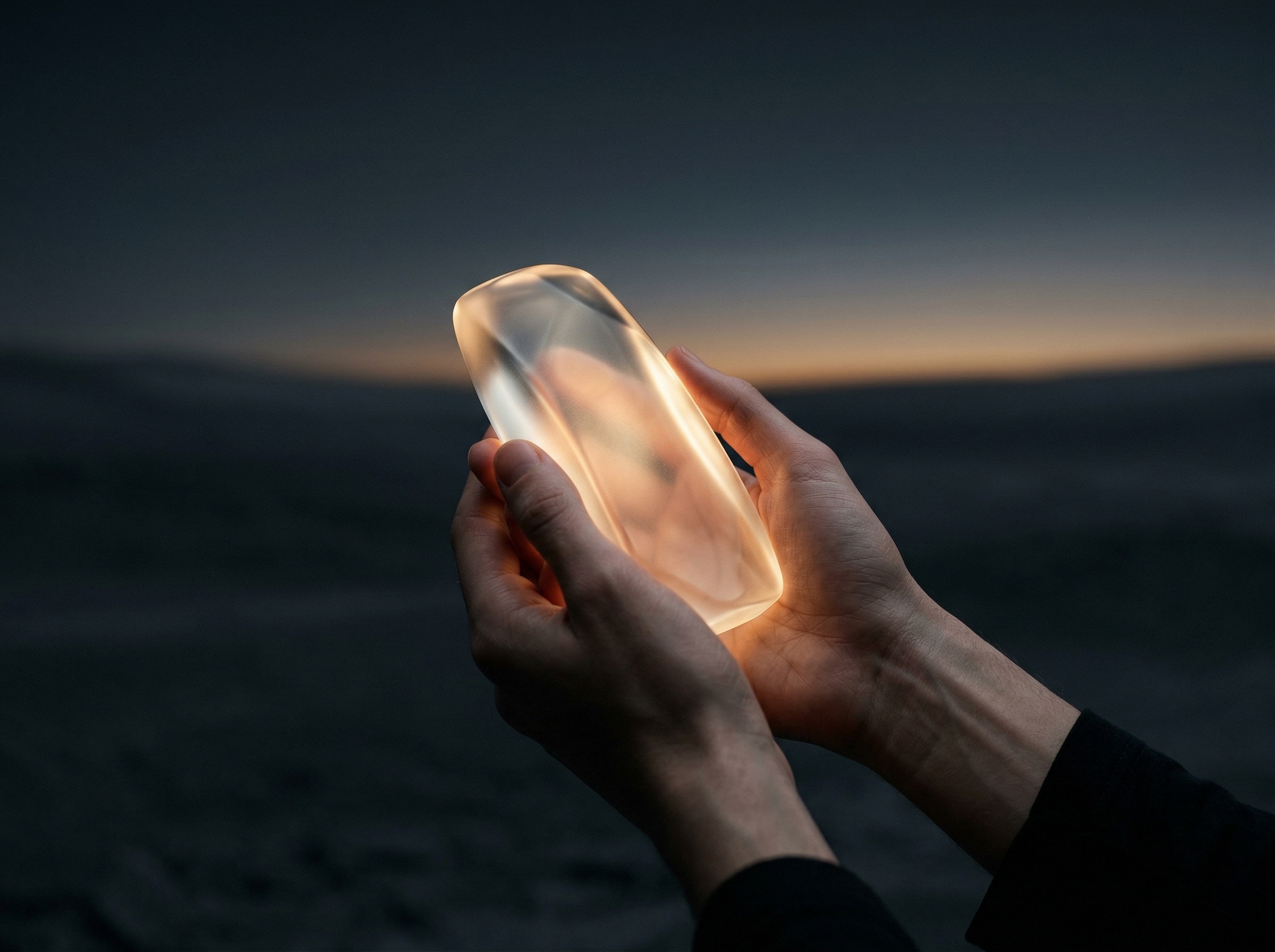 Cinematic Blue Hour Outdoor Photograph Of **hands Holding A Glowing Translucent Lantern