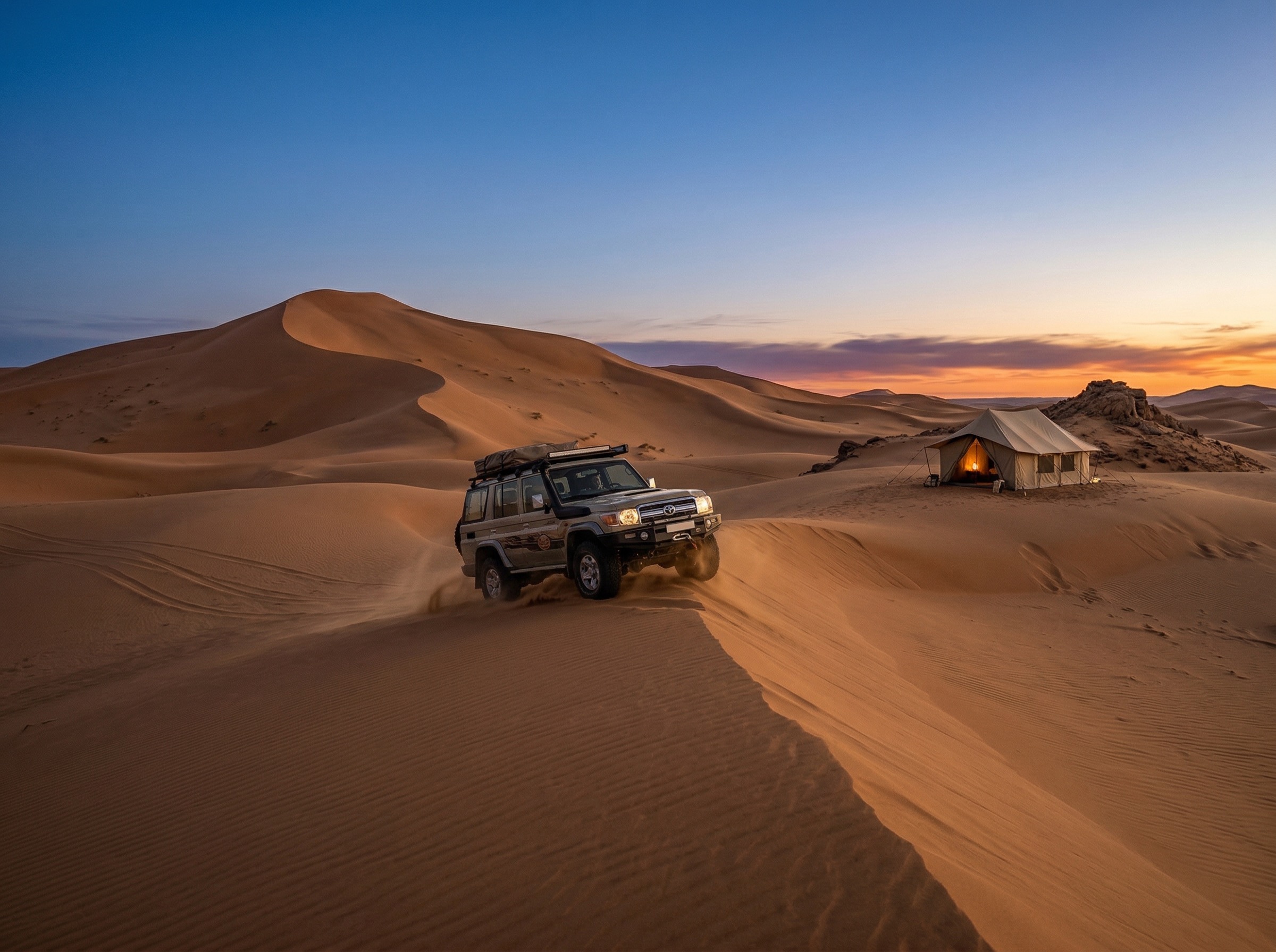 4x4 Off-Road SUV Near Desert Camp at Sunset
