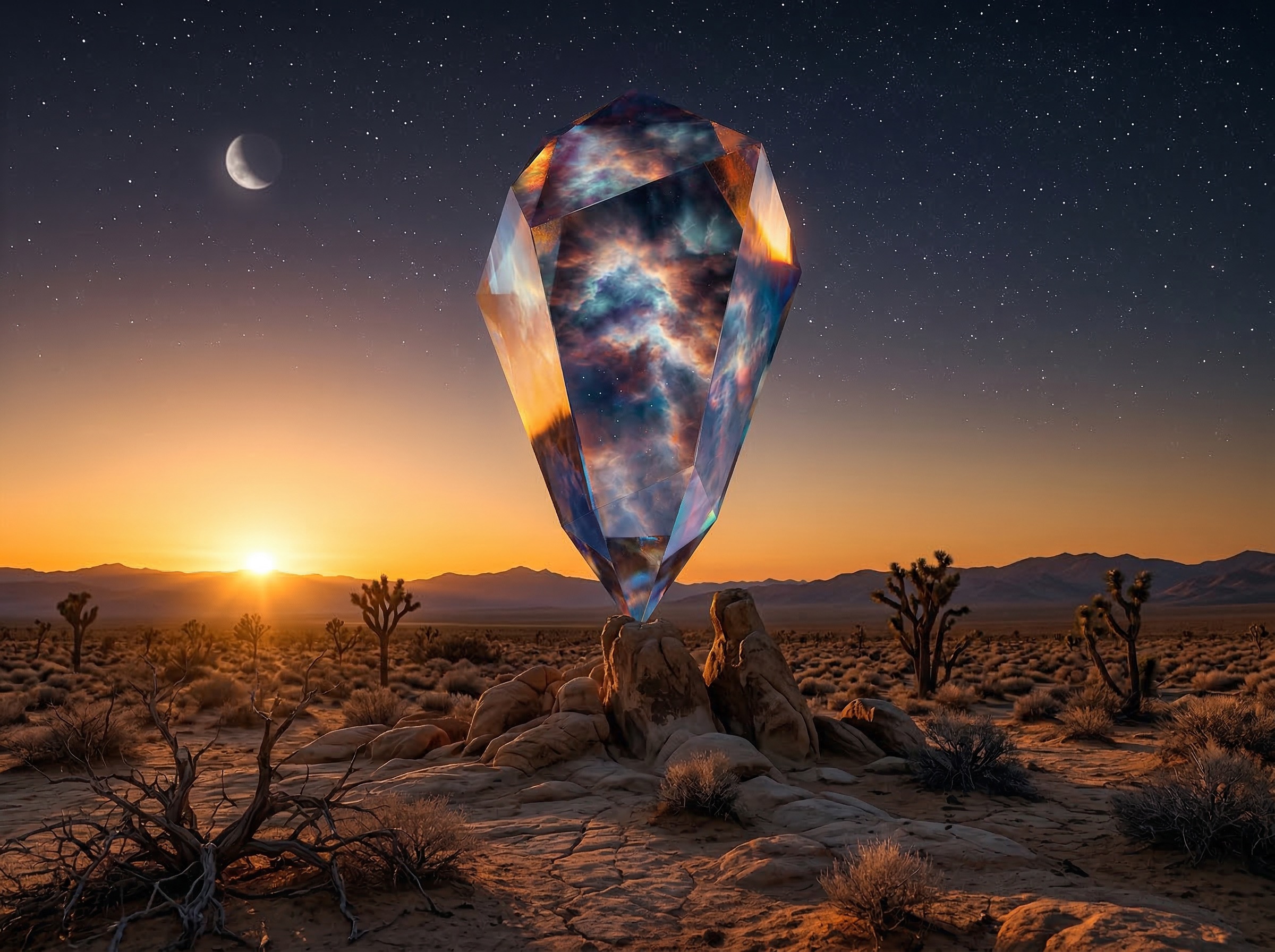 Surreal cosmic crystal above desert at sunset