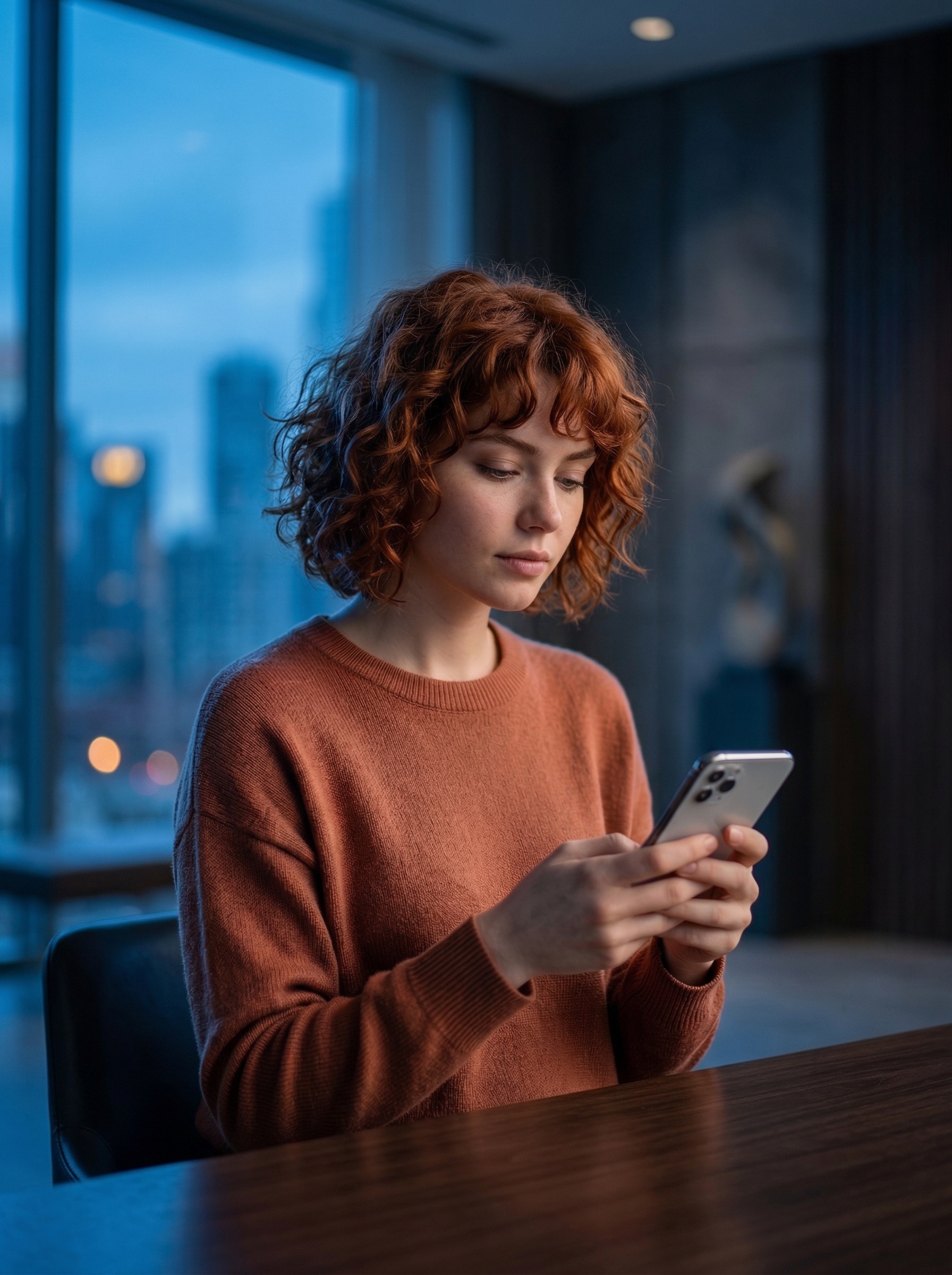 Photorealistic Cinematic Lifestyle Portrait At Blue Hour: A Single Seated Subject In