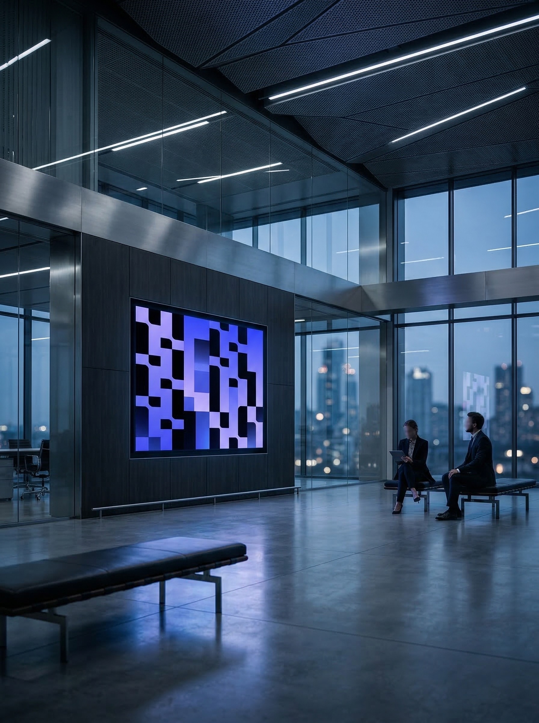 Modern office lobby with digital art display