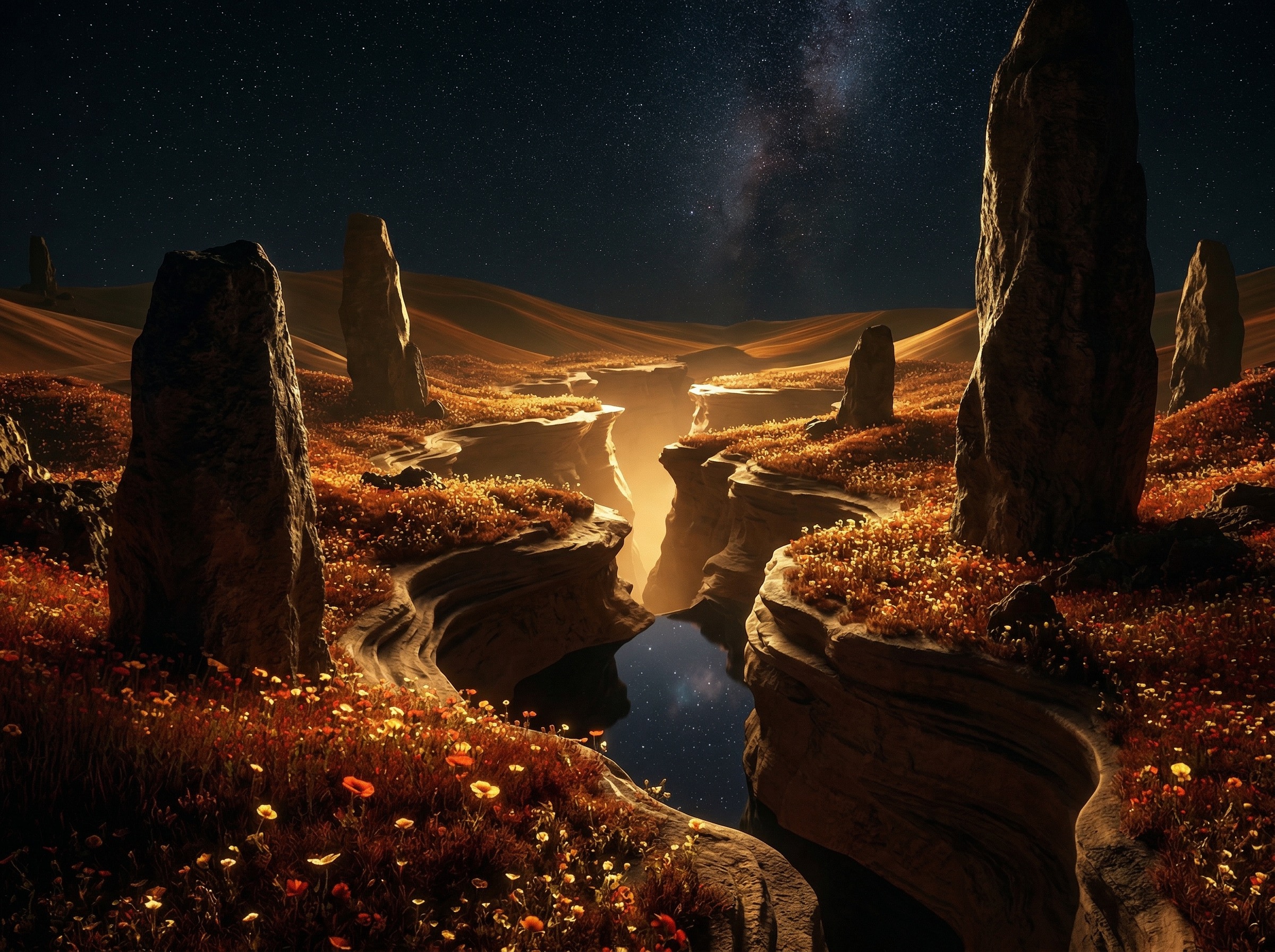 Starry Night Canyon With Wildflower Cliffs