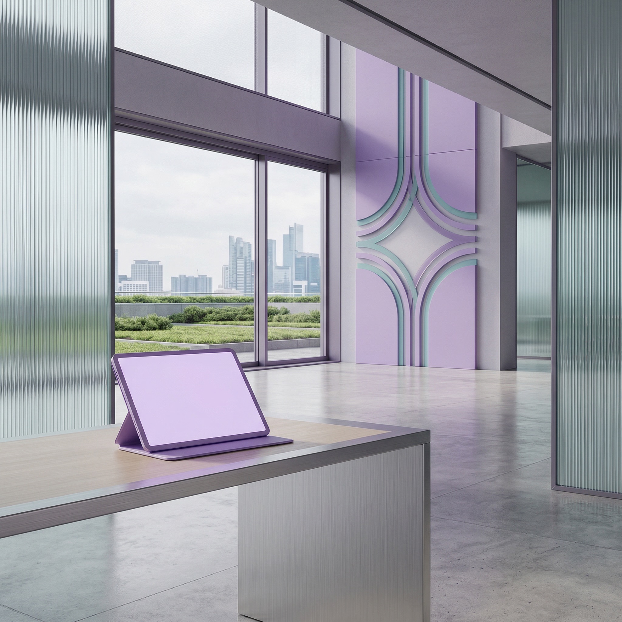 Modern office interior with purple tablet display
