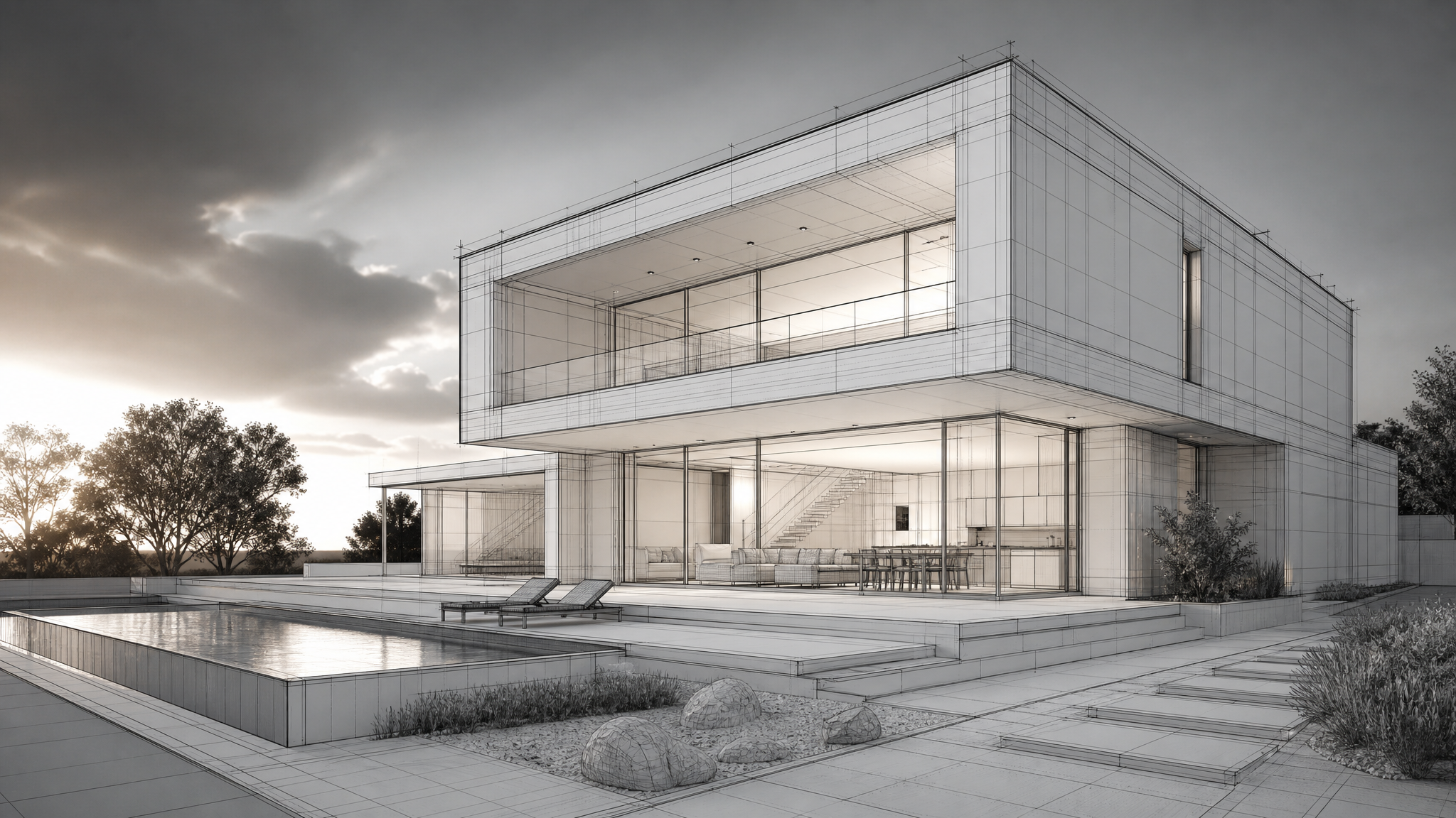 Clean architectural wireframe render with precise linew...