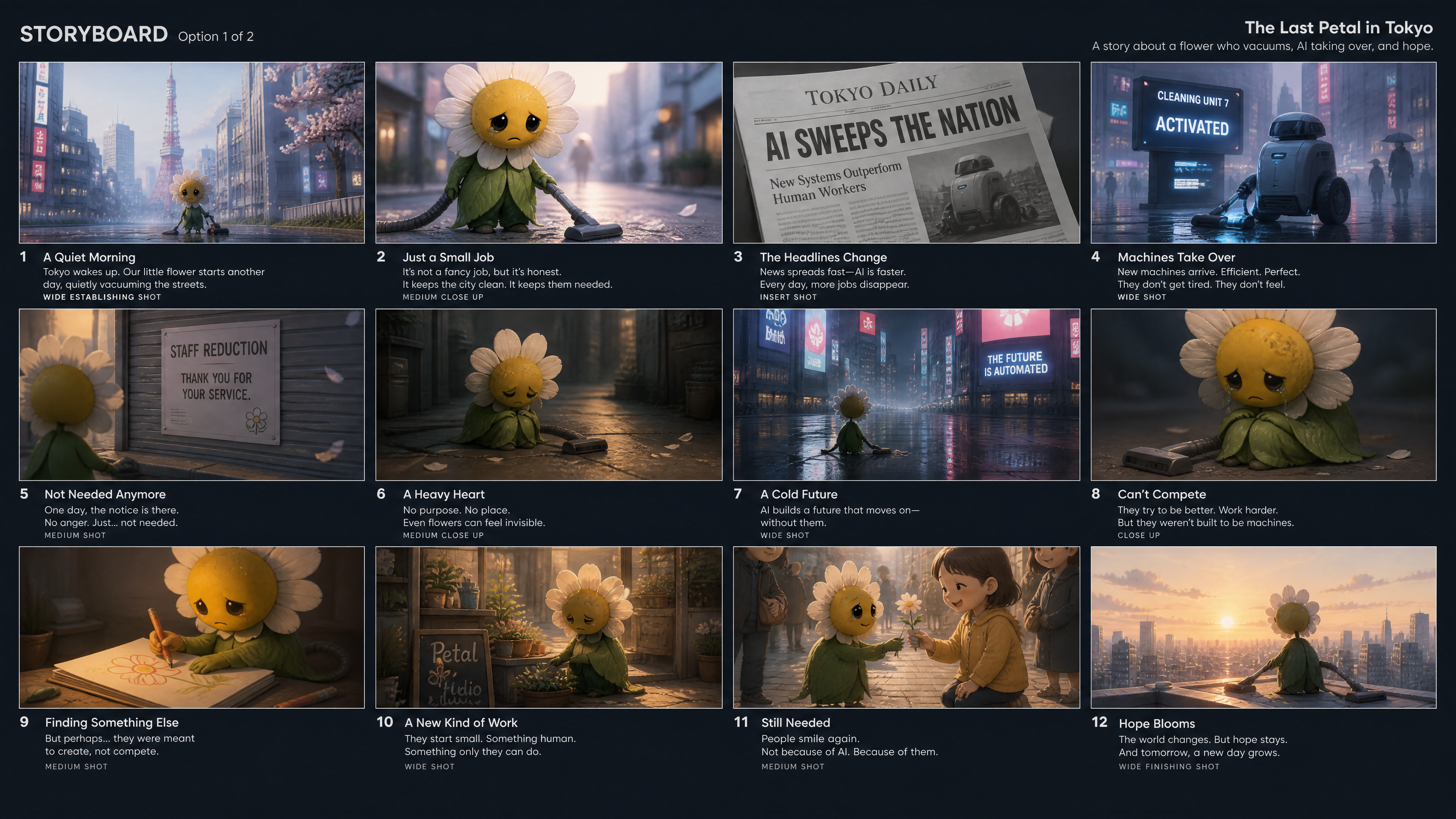 A cinematic storyboard layout titled “The Last Petal in...