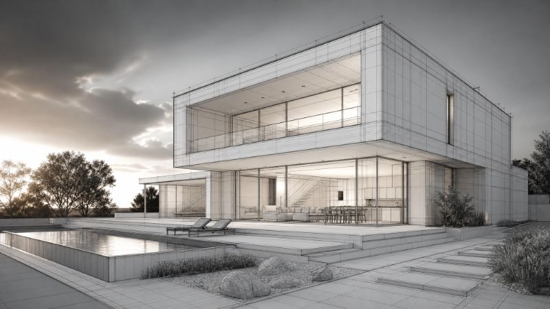 Clean architectural wireframe render with precise linew...