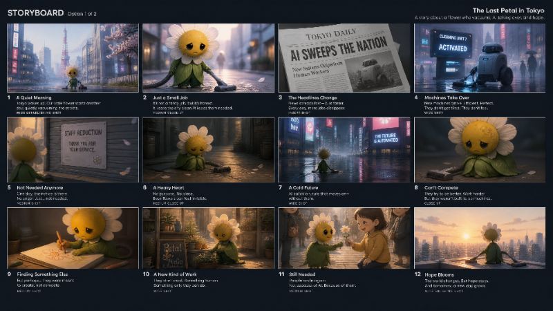 A cinematic storyboard layout titled “The Last Petal in...