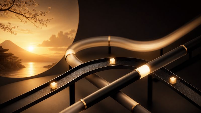 A sleek, abstract scene of flowing black-and-gold tubes...