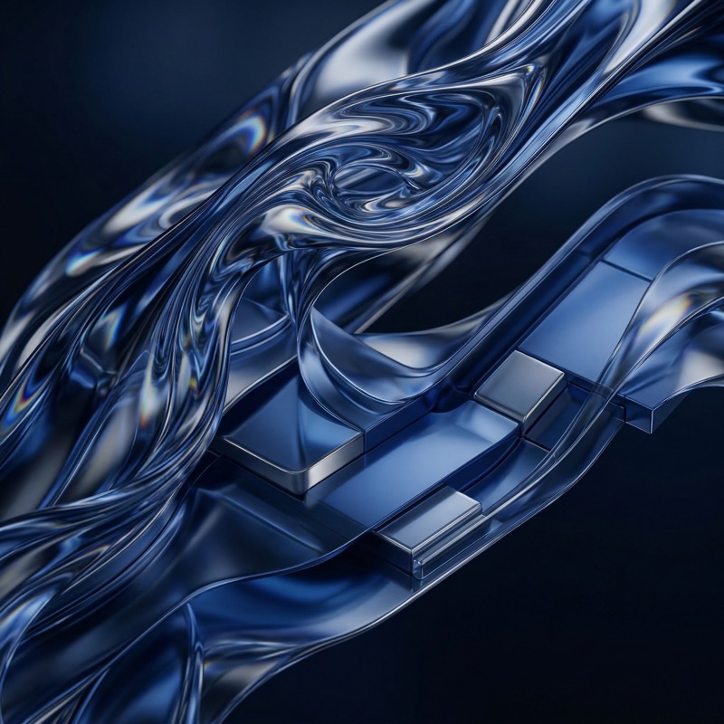 Abstract Blue Glass Flow Over Metallic Blocks