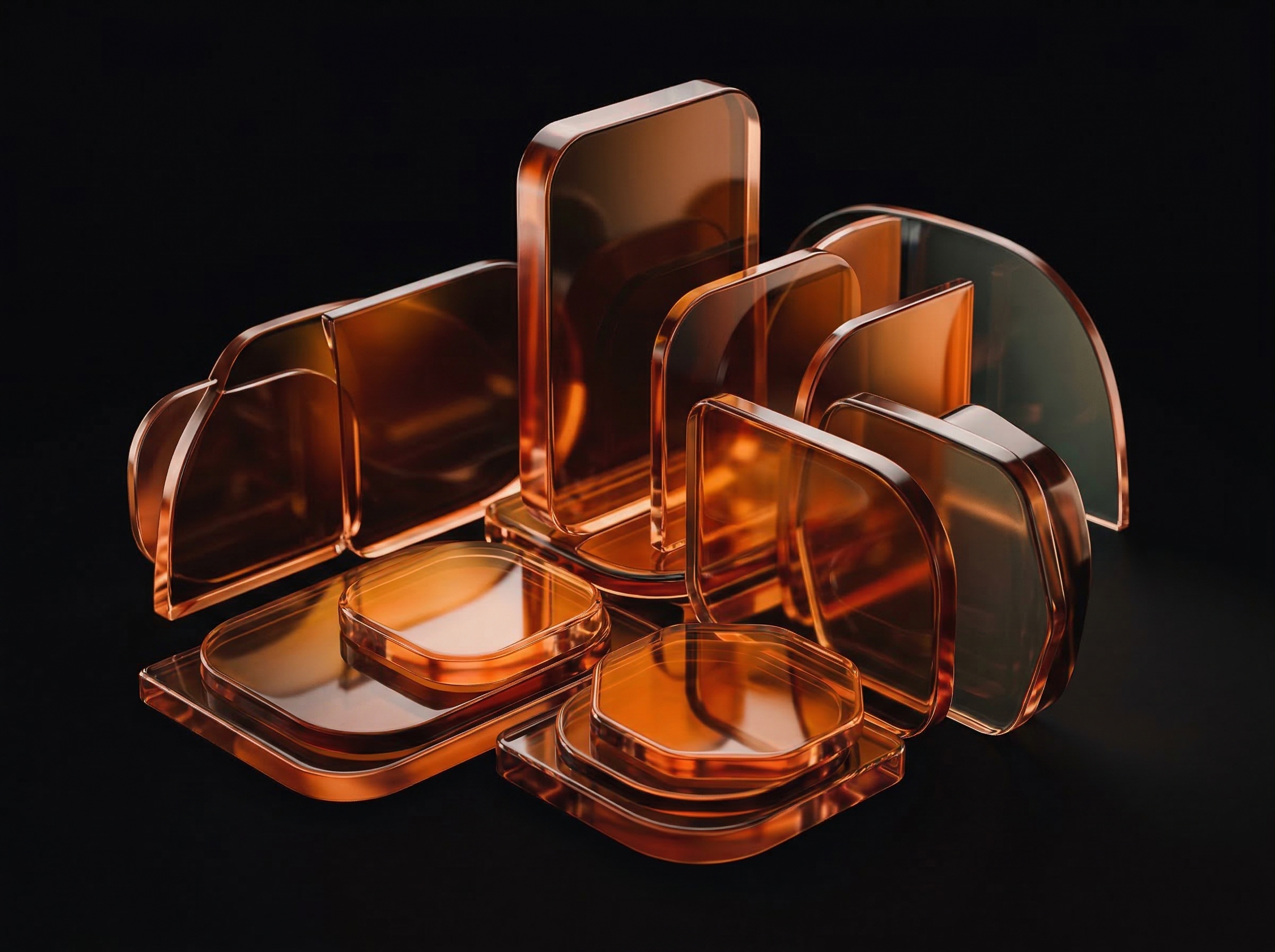 Amber Glass Geometric Forms on Dark Background