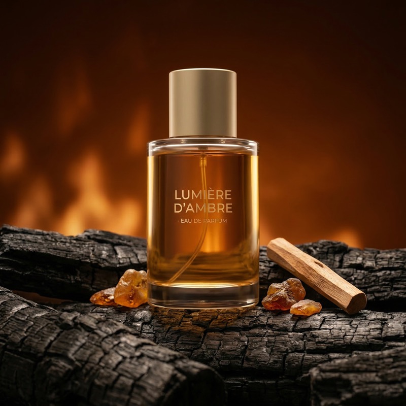 Amber perfume bottle on charred wood backdrop