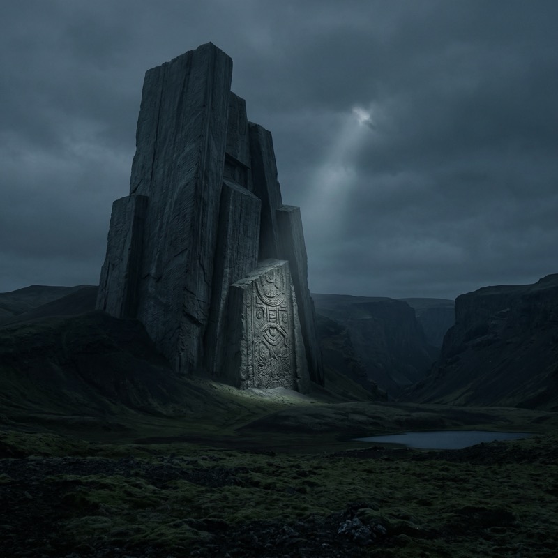 Cinematic Photoreal Dark Fantasy Landscape Of A Colossal Ancient Stone Monolith In