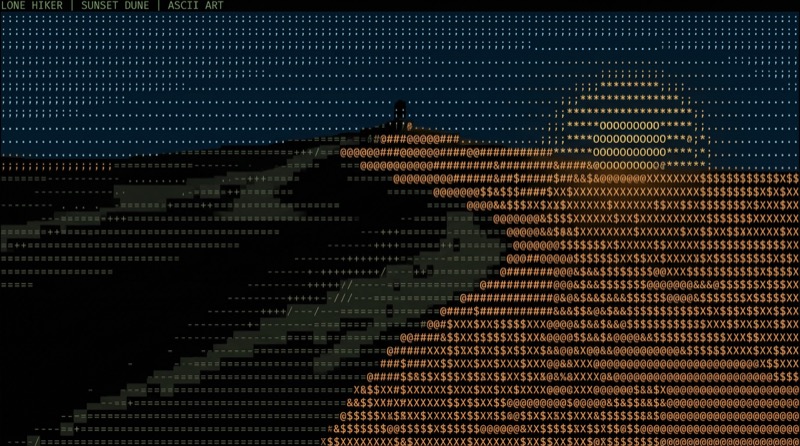 ASCII Art Lone Hiker on Sunset Dune