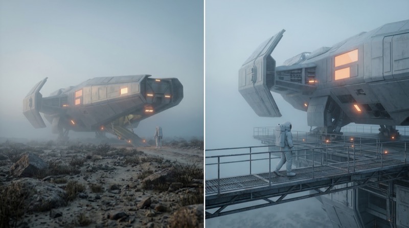 Astronaut Approaches Futuristic Shuttle in Fog