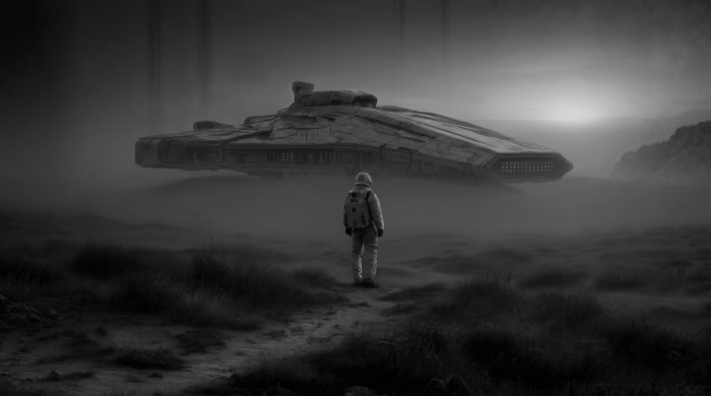 Astronaut Approaching a Landed Sci‑Fi Spacecraft