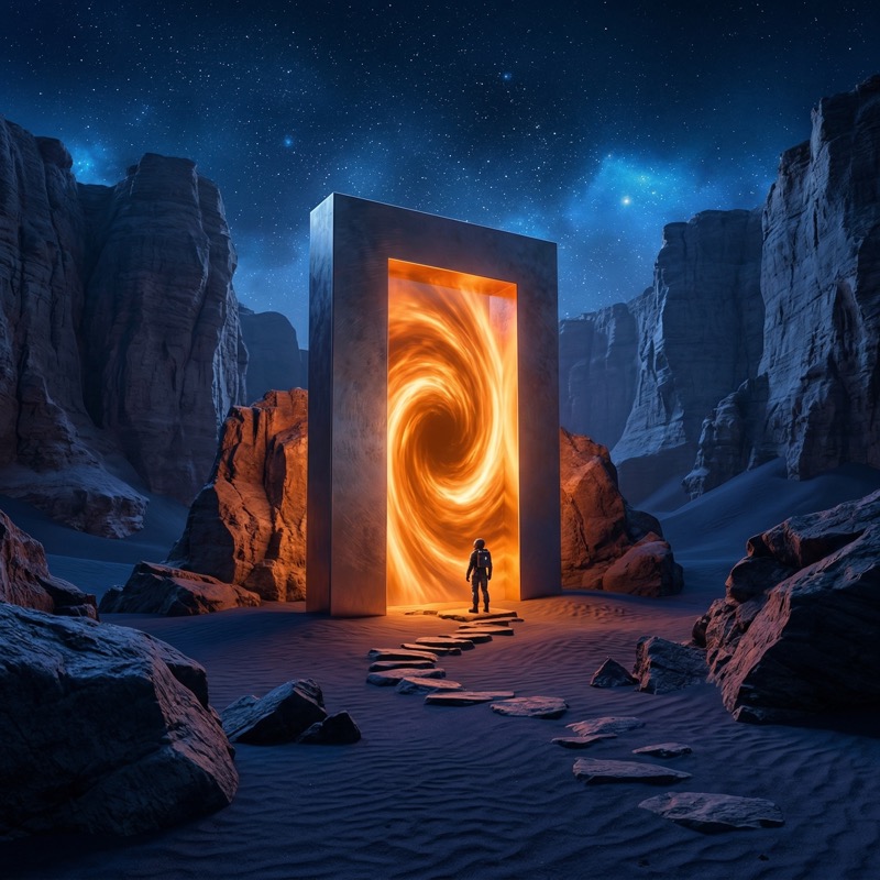 Astronaut Facing Glowing Portal in Desert Canyon