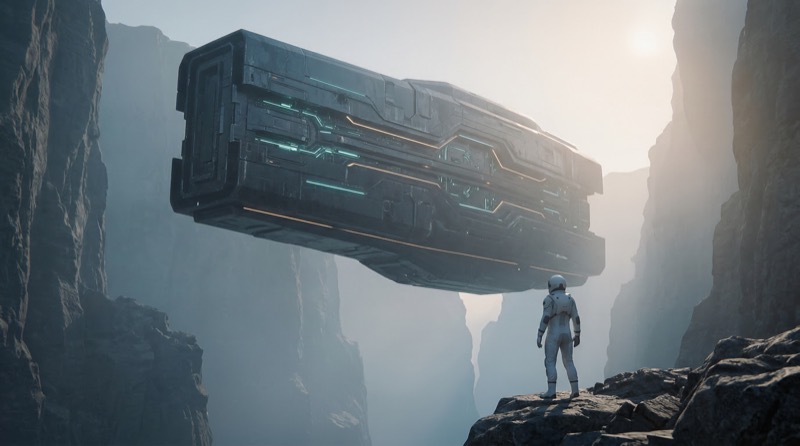 Astronaut Facing Hovering Sci-Fi Spacecraft