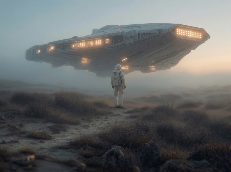 Astronaut Facing Hovering Sci-Fi Spaceship
